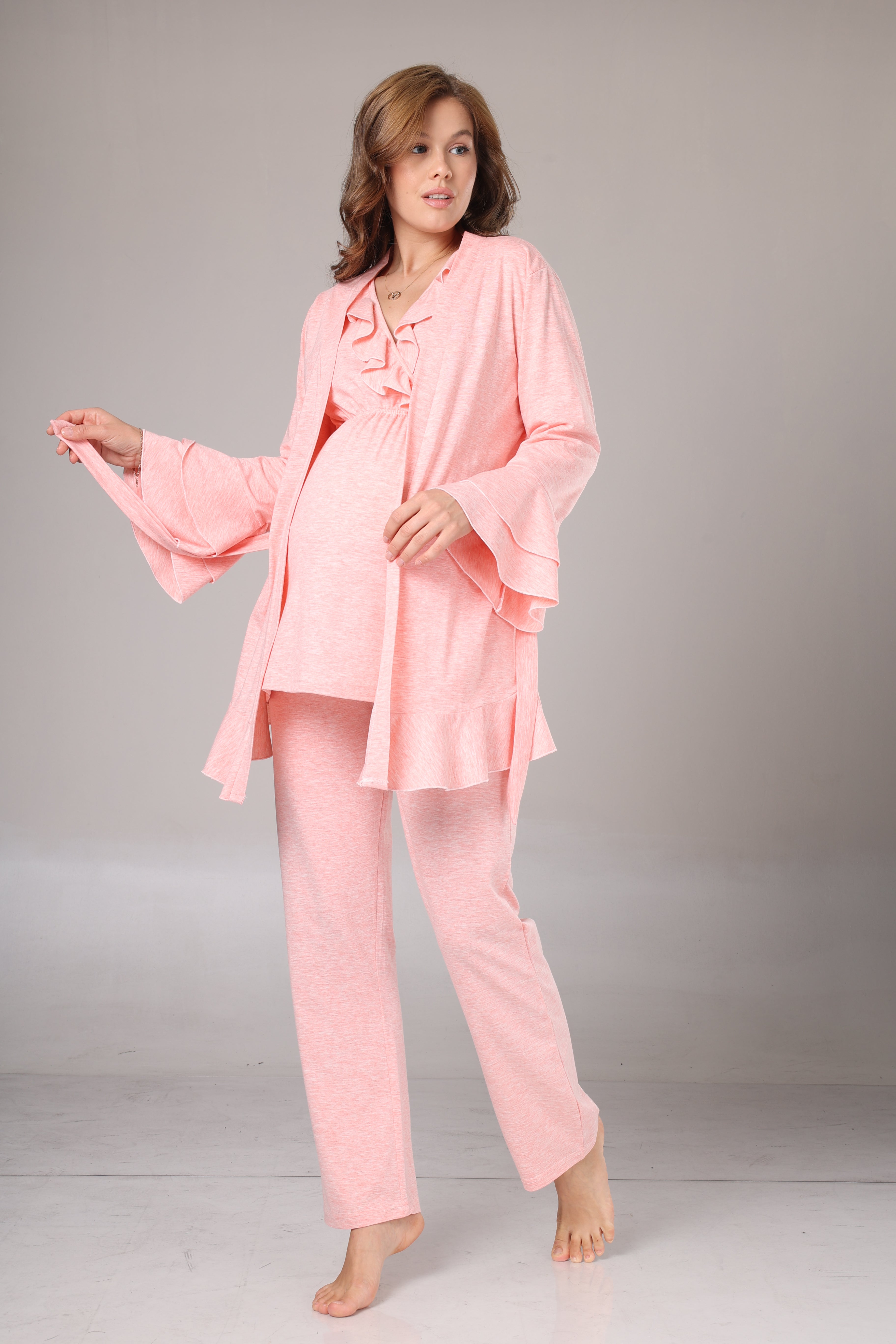 Pembe Uzun Kollu Yumuşak Dokulu Sabahlıklı Kruvaze Lohusa Pijama Takımı 1013