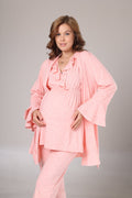 Pembe Uzun Kollu Yumuşak Dokulu Sabahlıklı Kruvaze Lohusa Pijama Takımı 1013