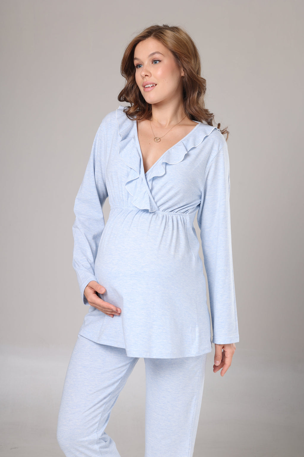 Mavi Uzun Kollu Yumuşak Dokulu Sabahlıklı Kruvaze Lohusa Pijama Takımı 1012