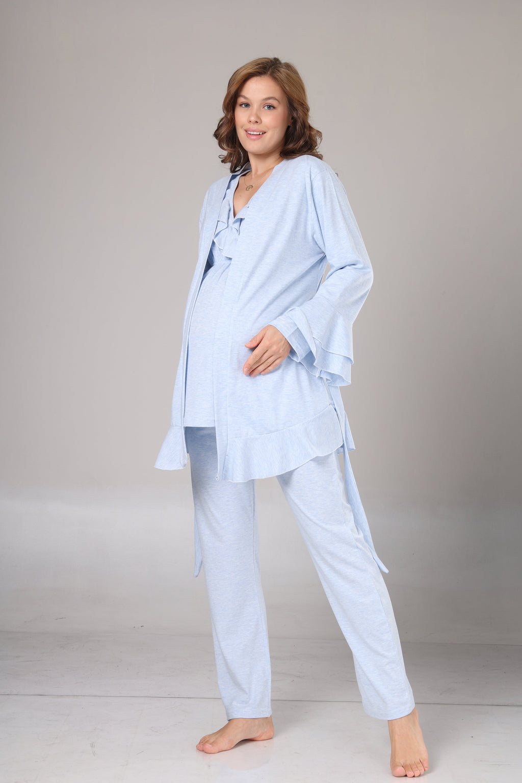 Mavi Uzun Kollu Yumuşak Dokulu Sabahlıklı Kruvaze Lohusa Pijama Takımı 1012