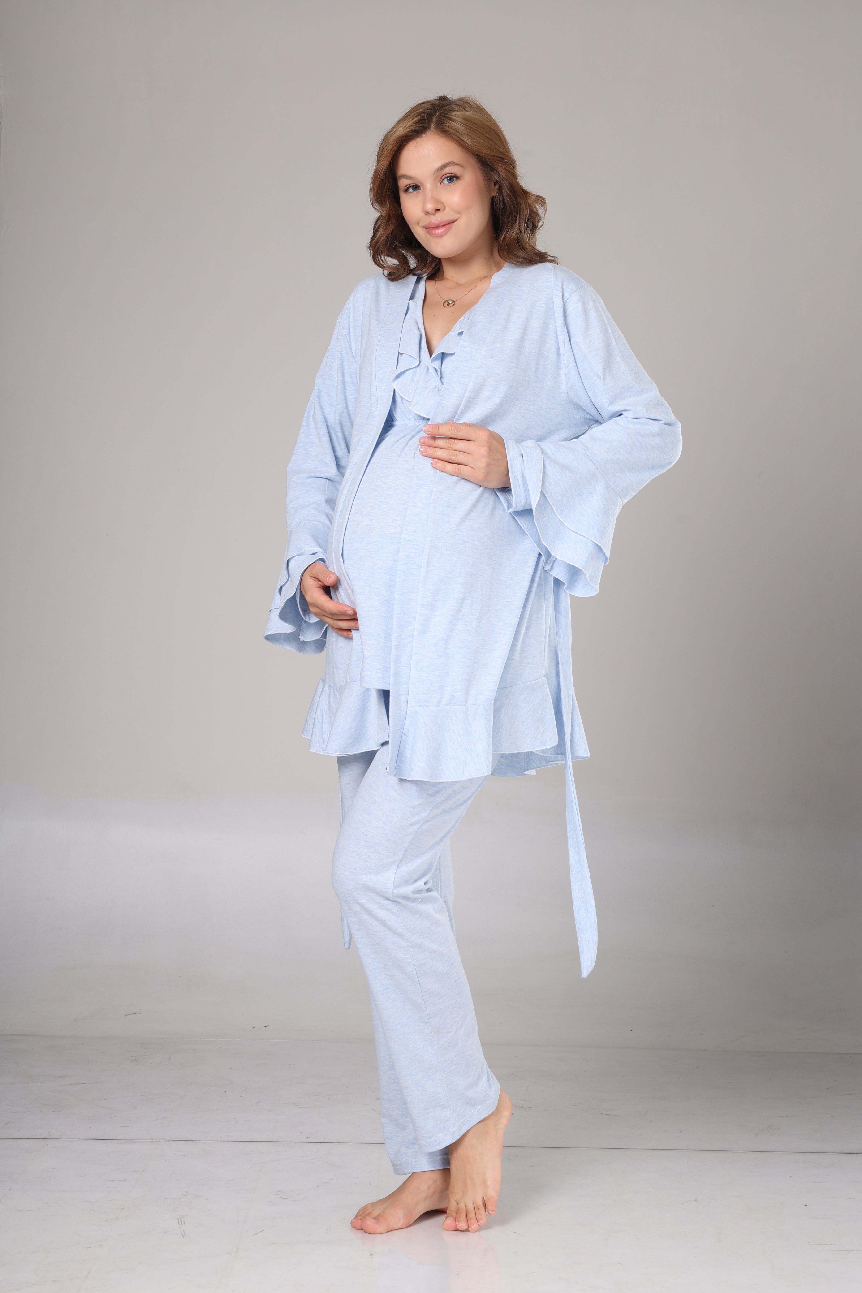 Mavi Uzun Kollu Yumuşak Dokulu Sabahlıklı Kruvaze Lohusa Pijama Takımı 1012