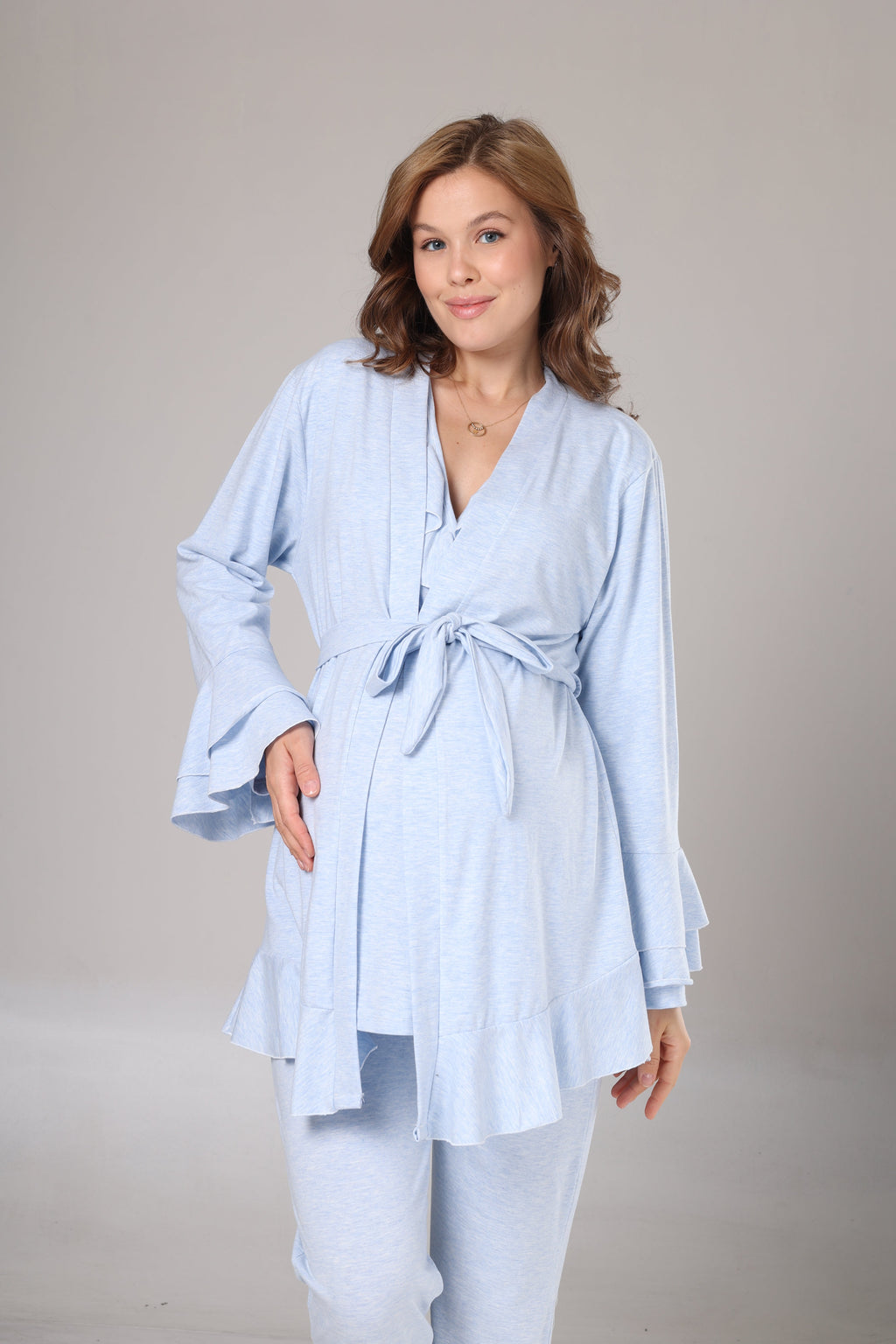 Mavi Uzun Kollu Yumuşak Dokulu Sabahlıklı Kruvaze Lohusa Pijama Takımı 1012