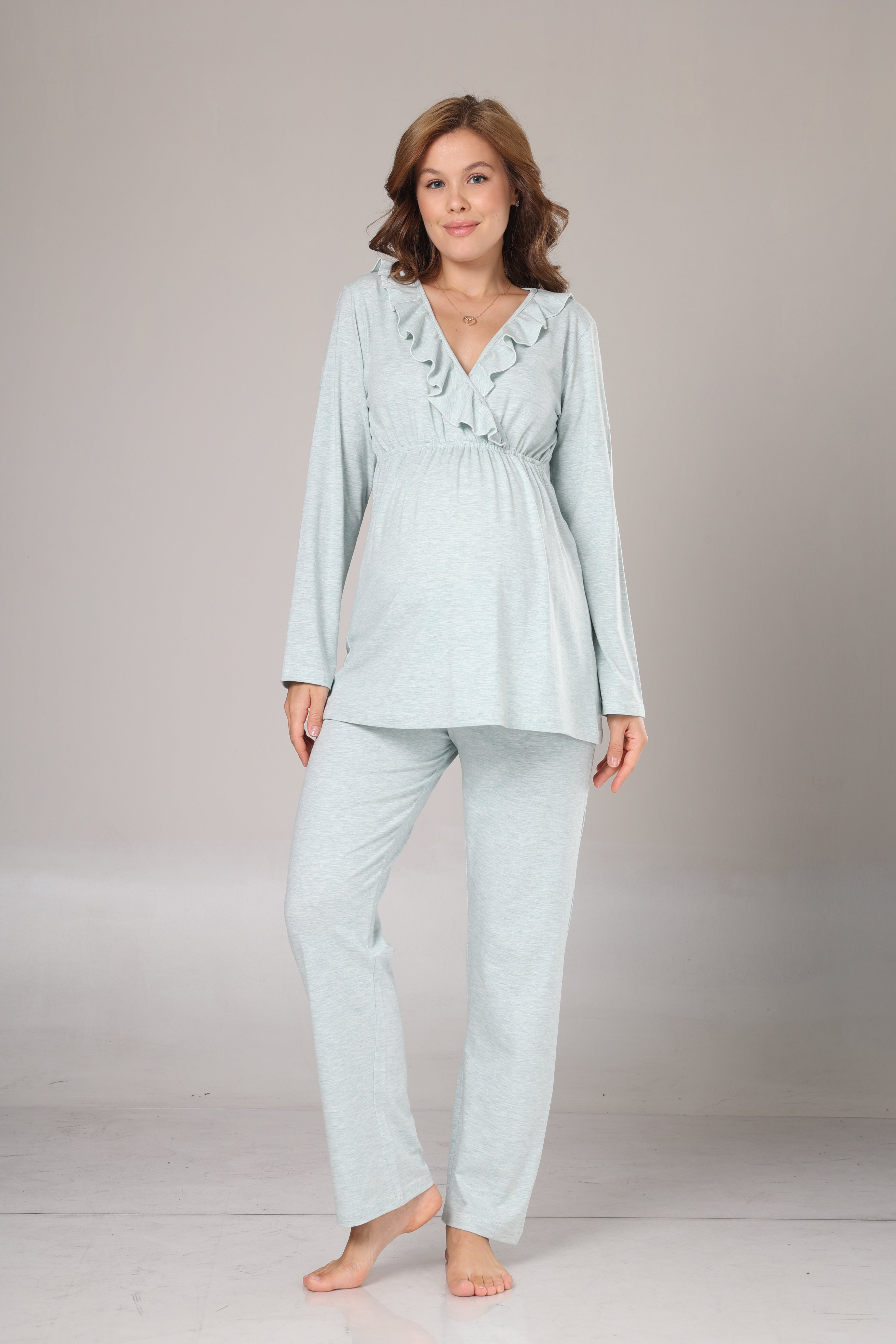 Su Yeşili Uzun Kollu Yumuşak Dokulu Sabahlıklı Kruvaze Lohusa Pijama Takımı 1014