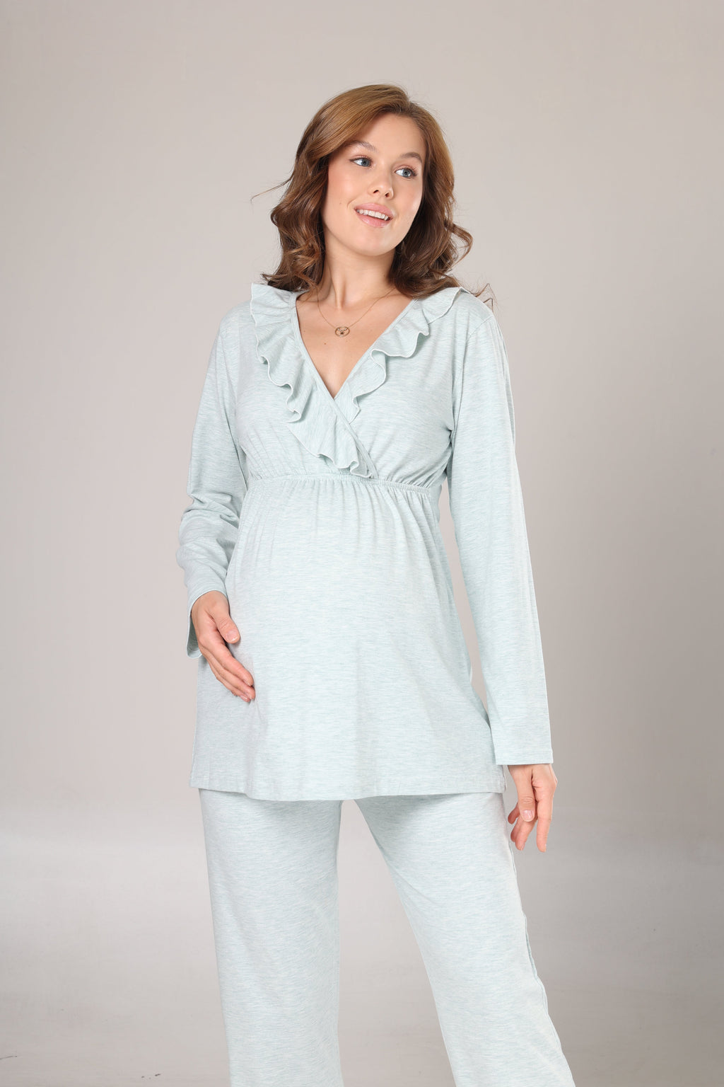 Su Yeşili Uzun Kollu Yumuşak Dokulu Sabahlıklı Kruvaze Lohusa Pijama Takımı 1014