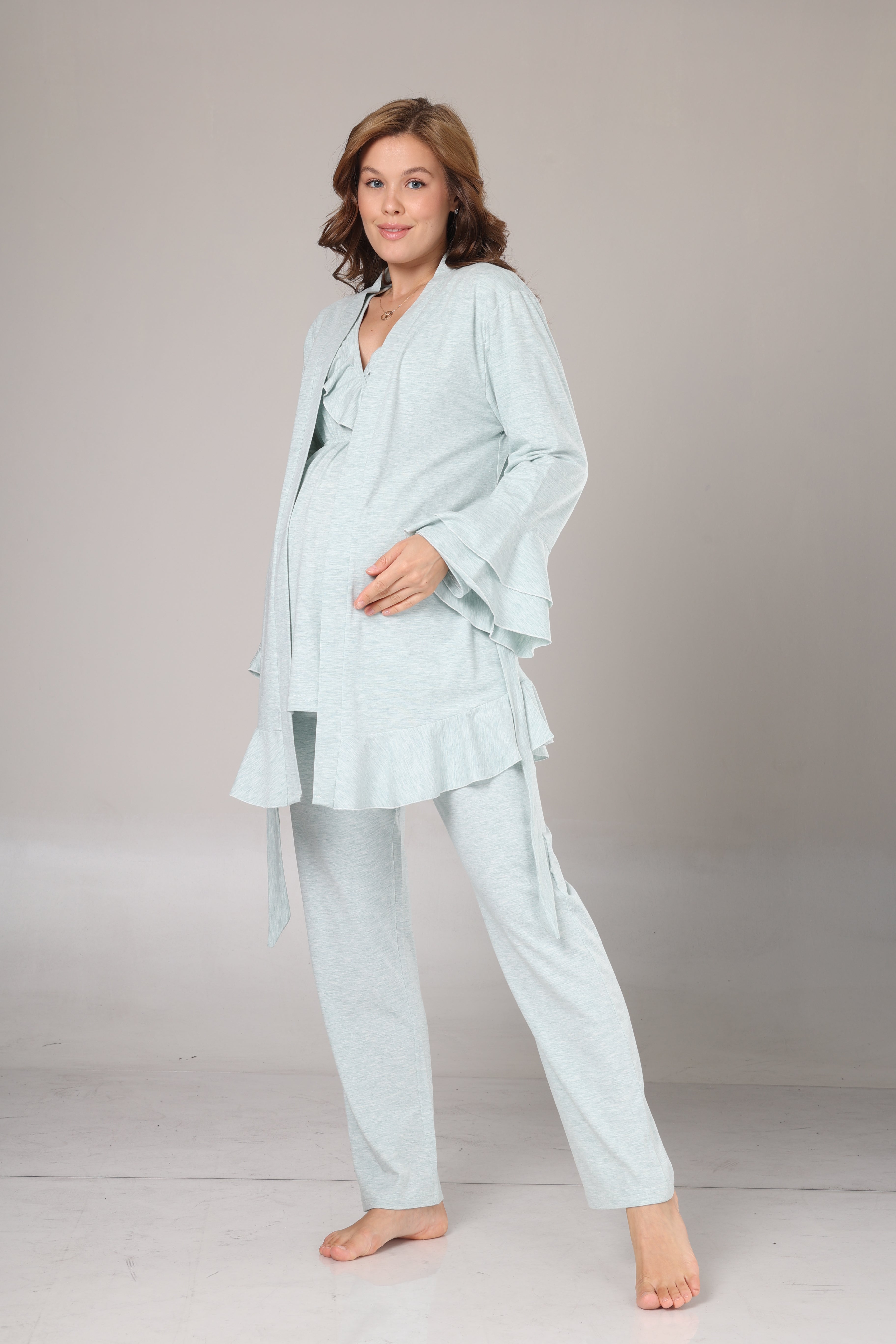 Su Yeşili Uzun Kollu Yumuşak Dokulu Sabahlıklı Kruvaze Lohusa Pijama Takımı 1014