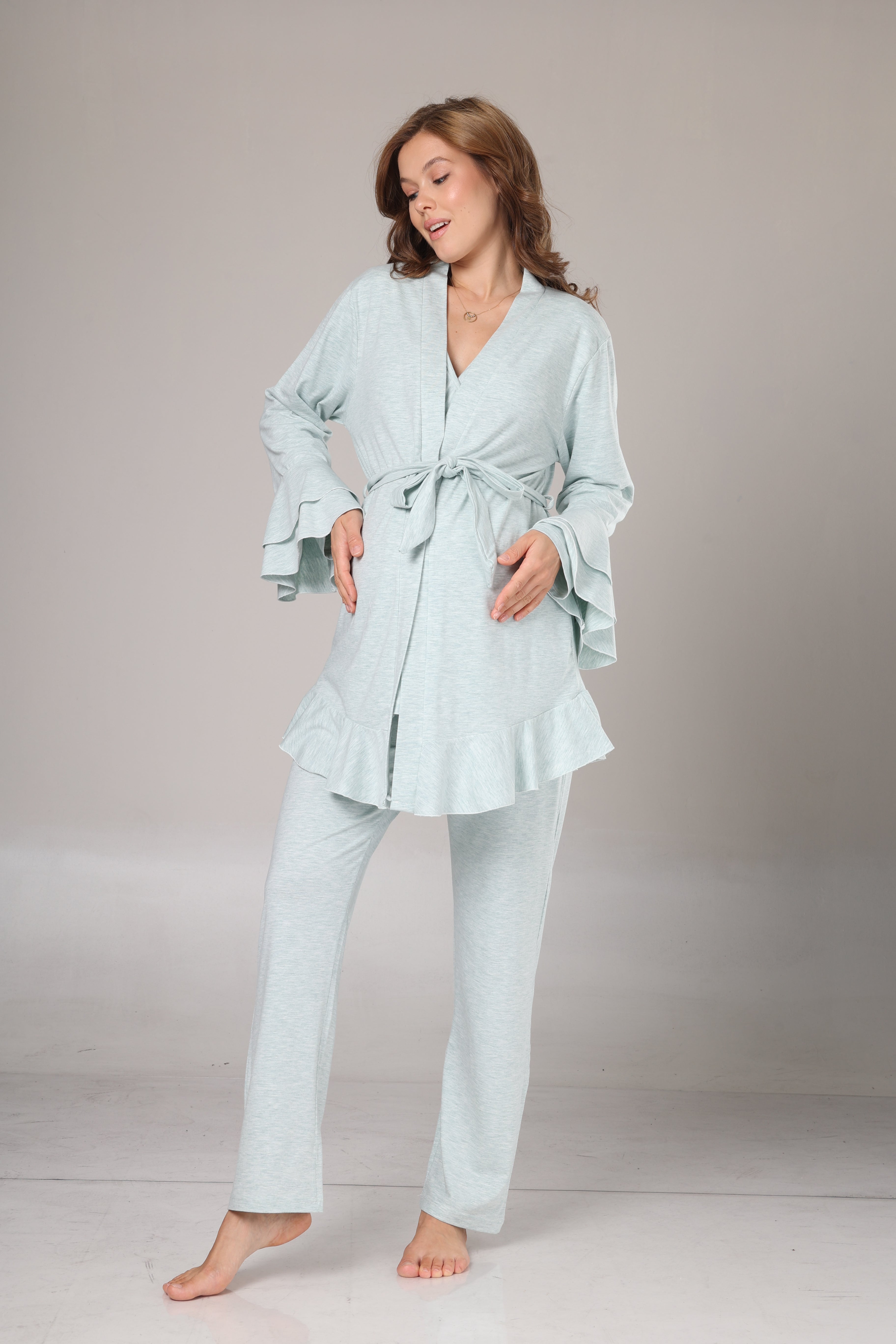 Su Yeşili Uzun Kollu Yumuşak Dokulu Sabahlıklı Kruvaze Lohusa Pijama Takımı 1014