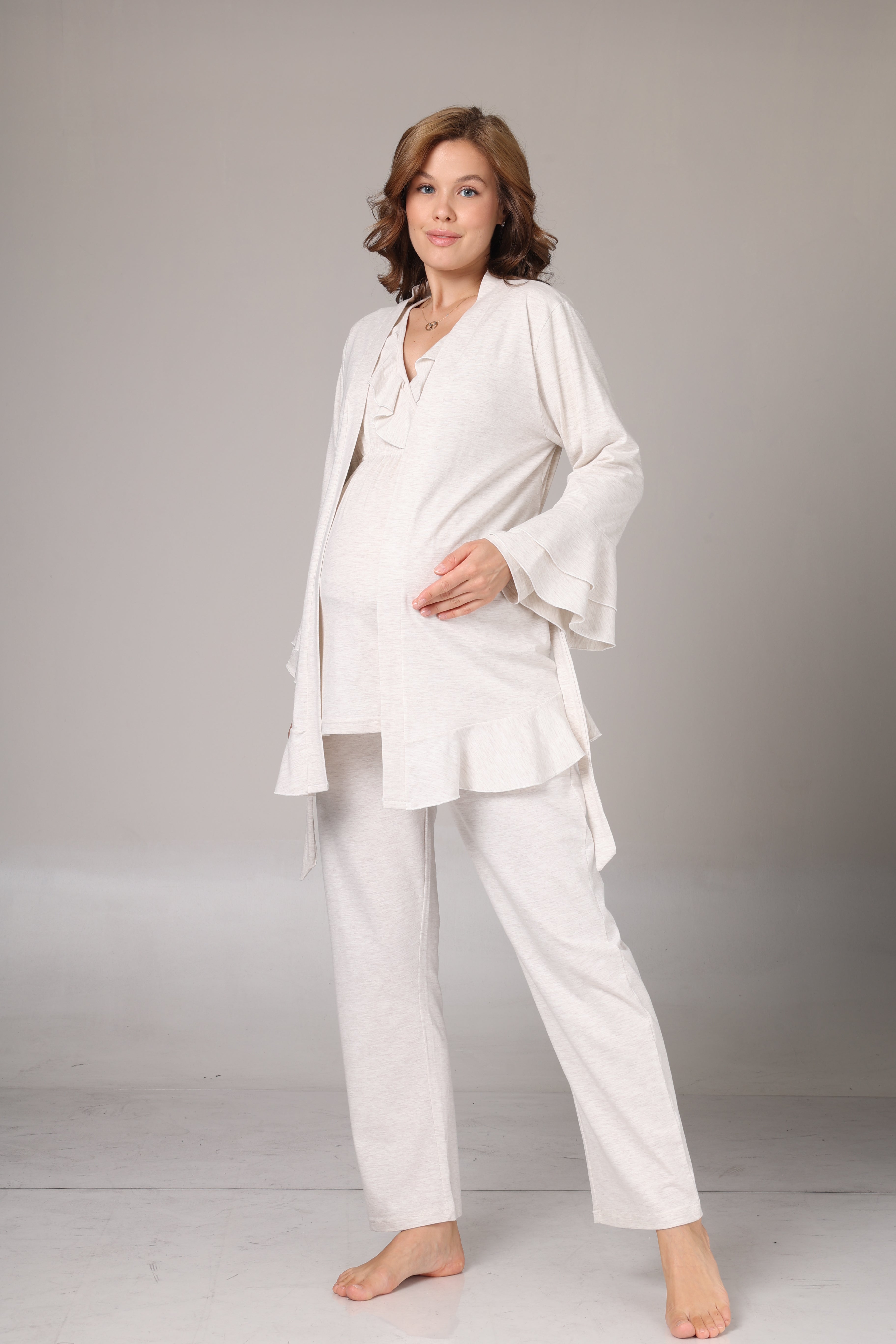 Bej Melanj Uzun Kollu Yumuşak Dokulu Sabahlıklı Kruvaze Lohusa Pijama Takımı 1011