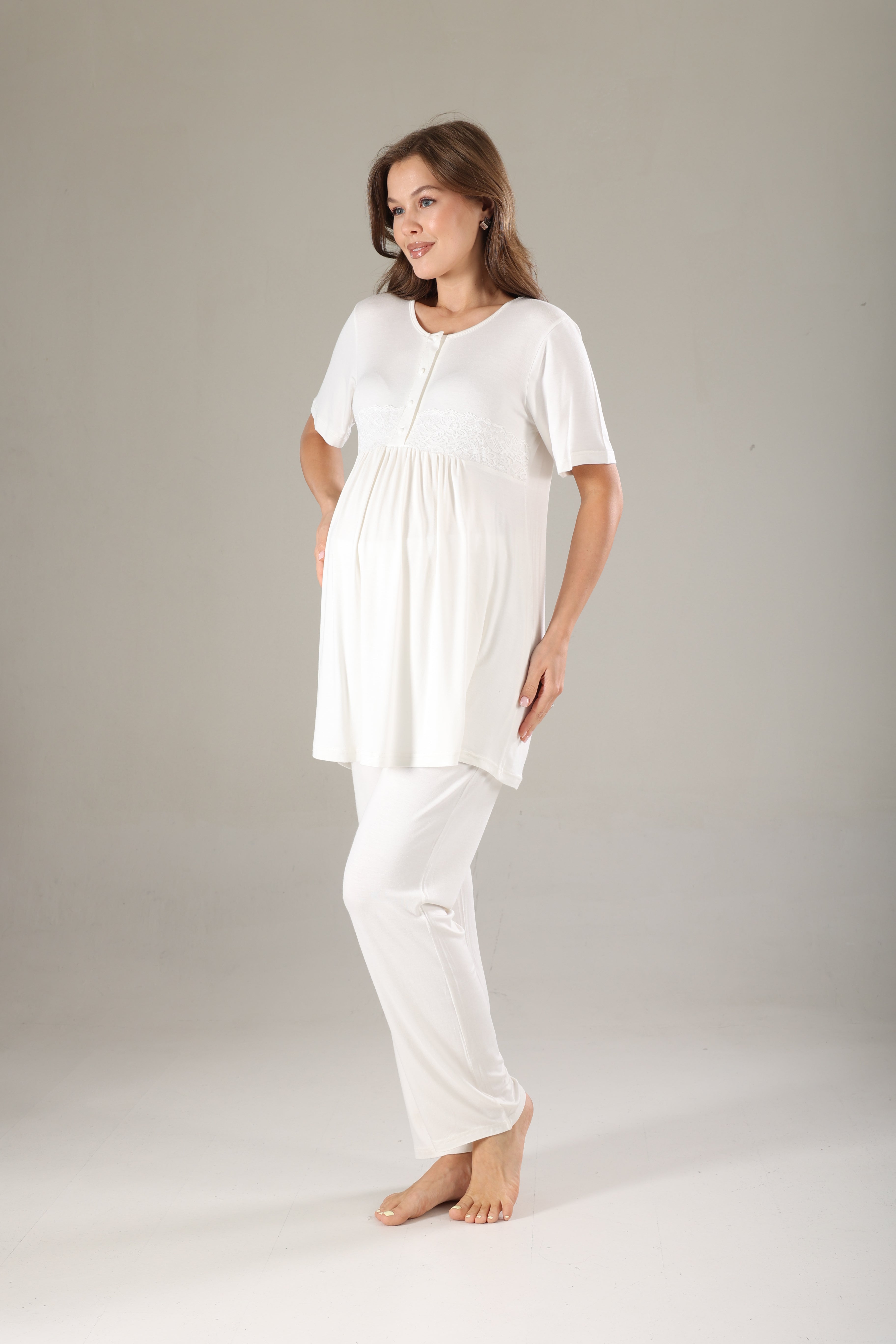 Pembe Desenli Şifon Sabahlıklı Lohusa Pijama Takımı 813