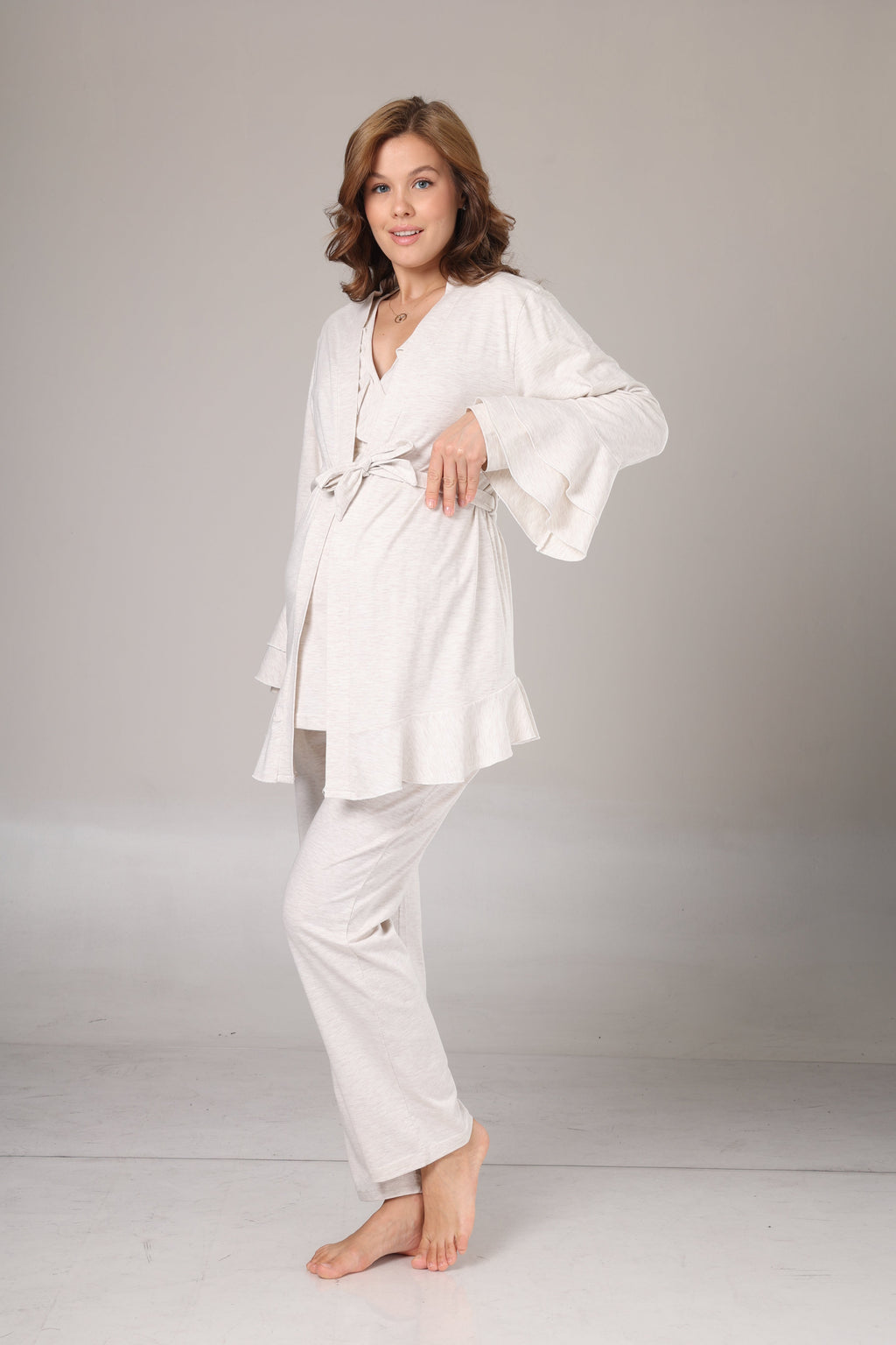 Bej Melanj Uzun Kollu Yumuşak Dokulu Sabahlıklı Kruvaze Lohusa Pijama Takımı 1011