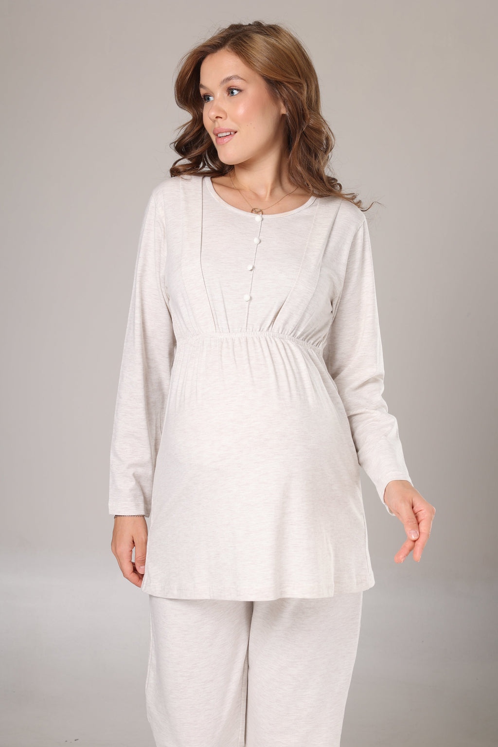 Yumuşak Dokulu Triko Sabahlıklı Lohusa Pijama Takımı-1002