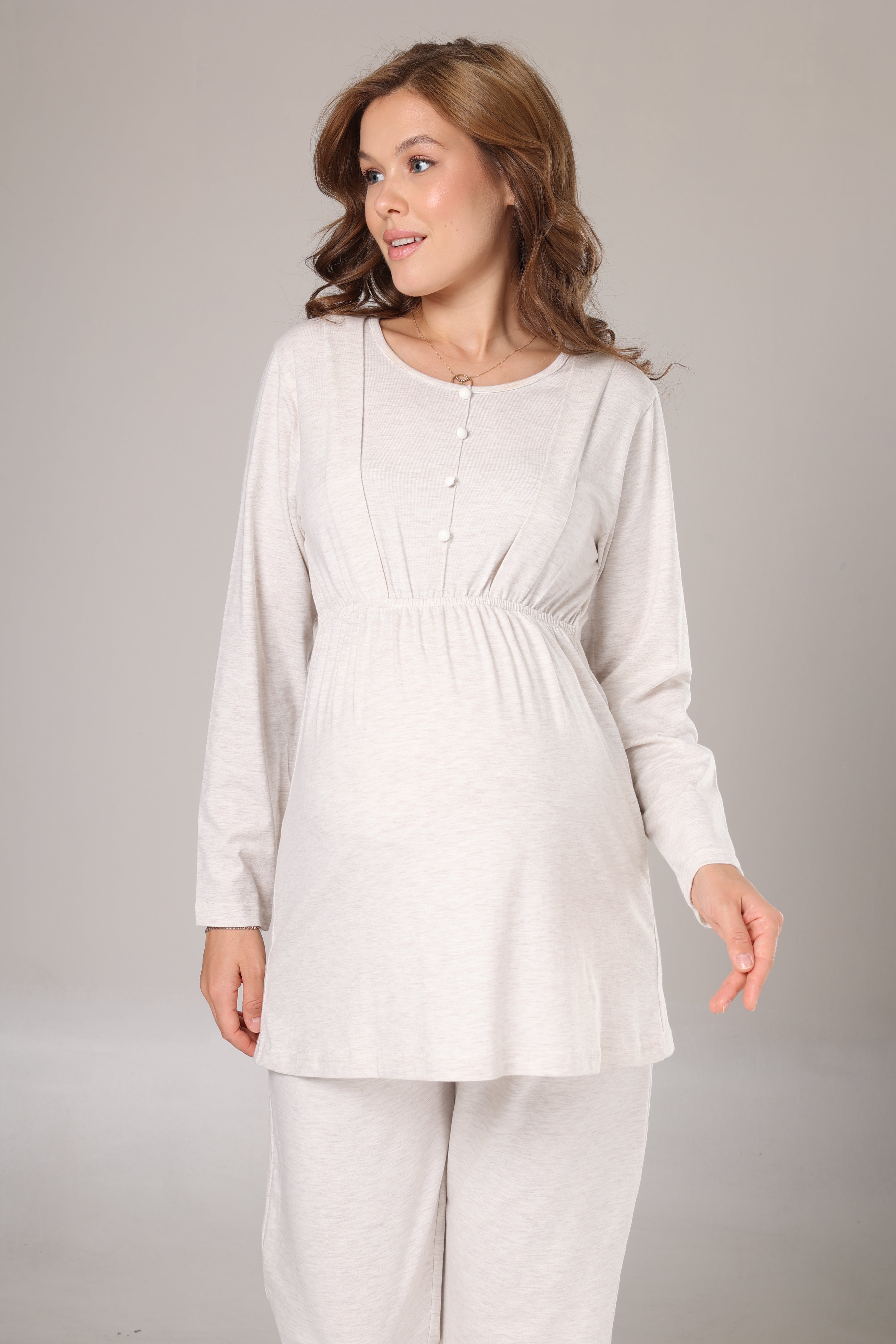 Yumuşak Dokulu Triko Sabahlıklı Lohusa Pijama Takımı-1002