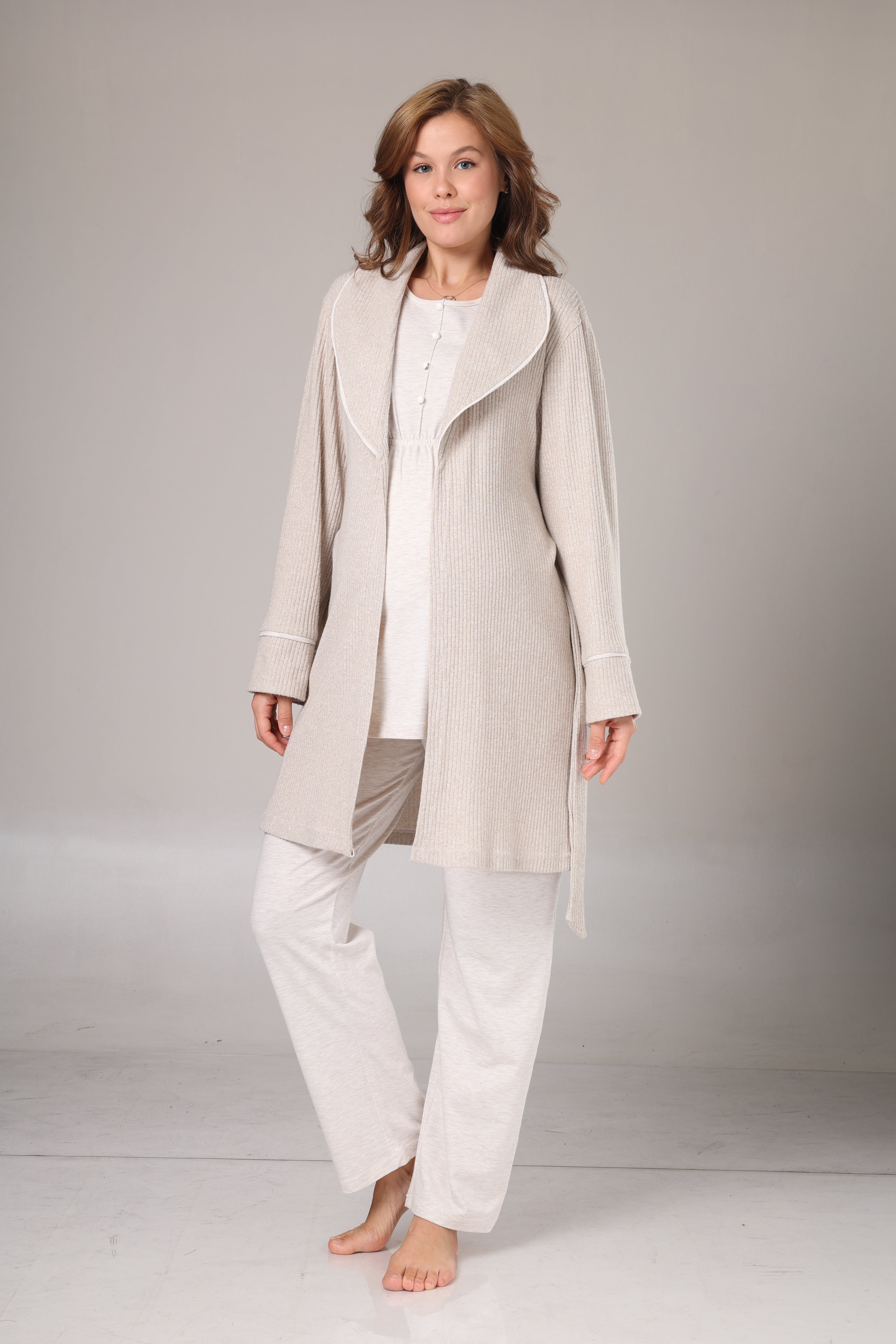 Yumuşak Dokulu Triko Sabahlıklı Lohusa Pijama Takımı-1002