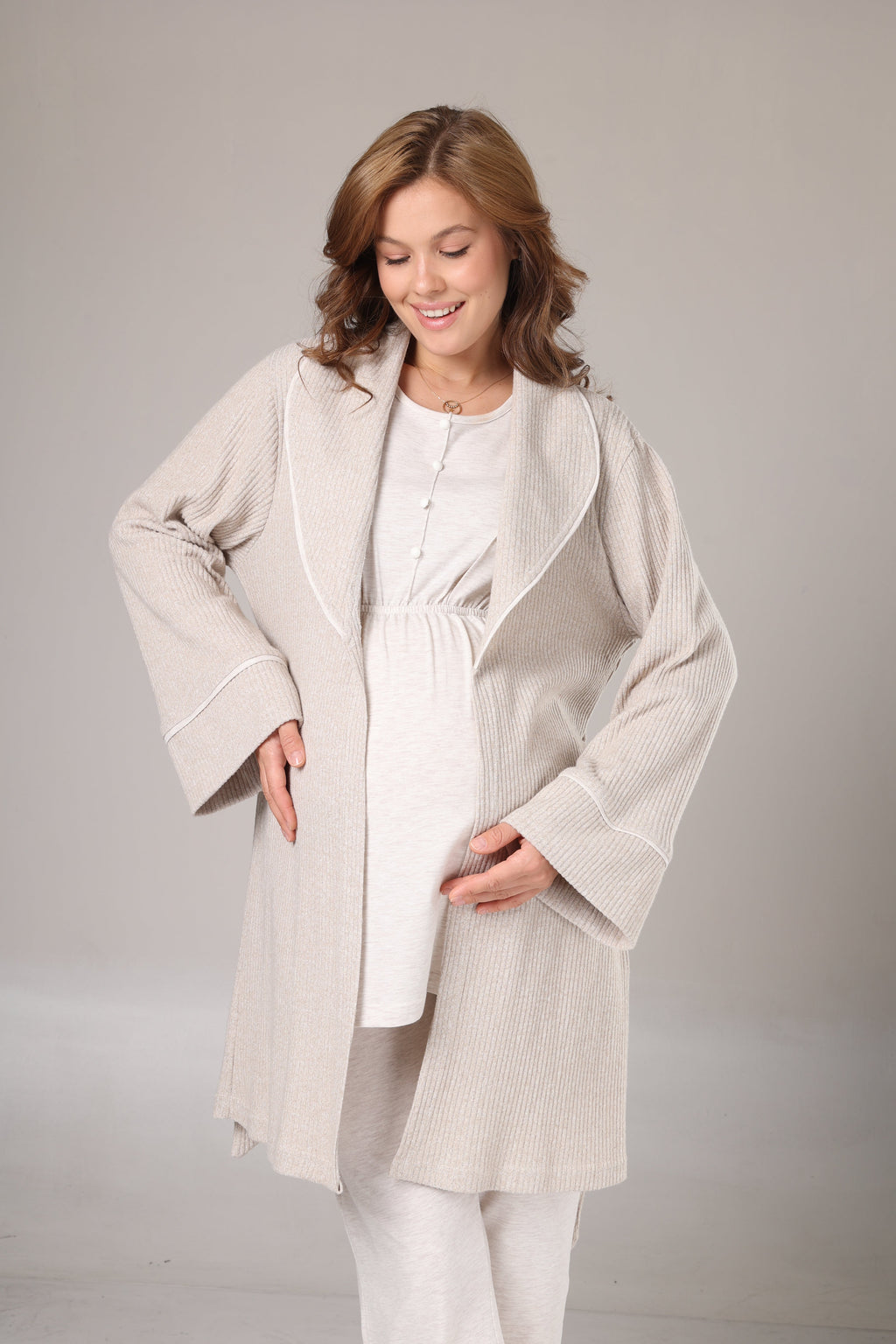 Yumuşak Dokulu Triko Sabahlıklı Lohusa Pijama Takımı-1002