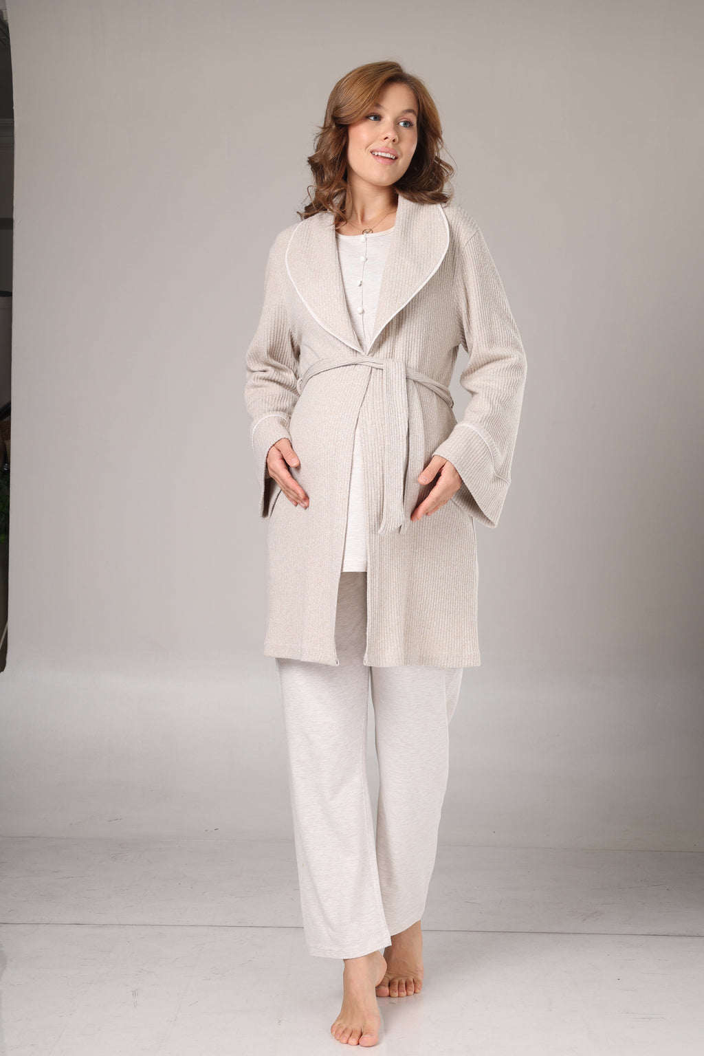 Yumuşak Dokulu Triko Sabahlıklı Lohusa Pijama Takımı-1002