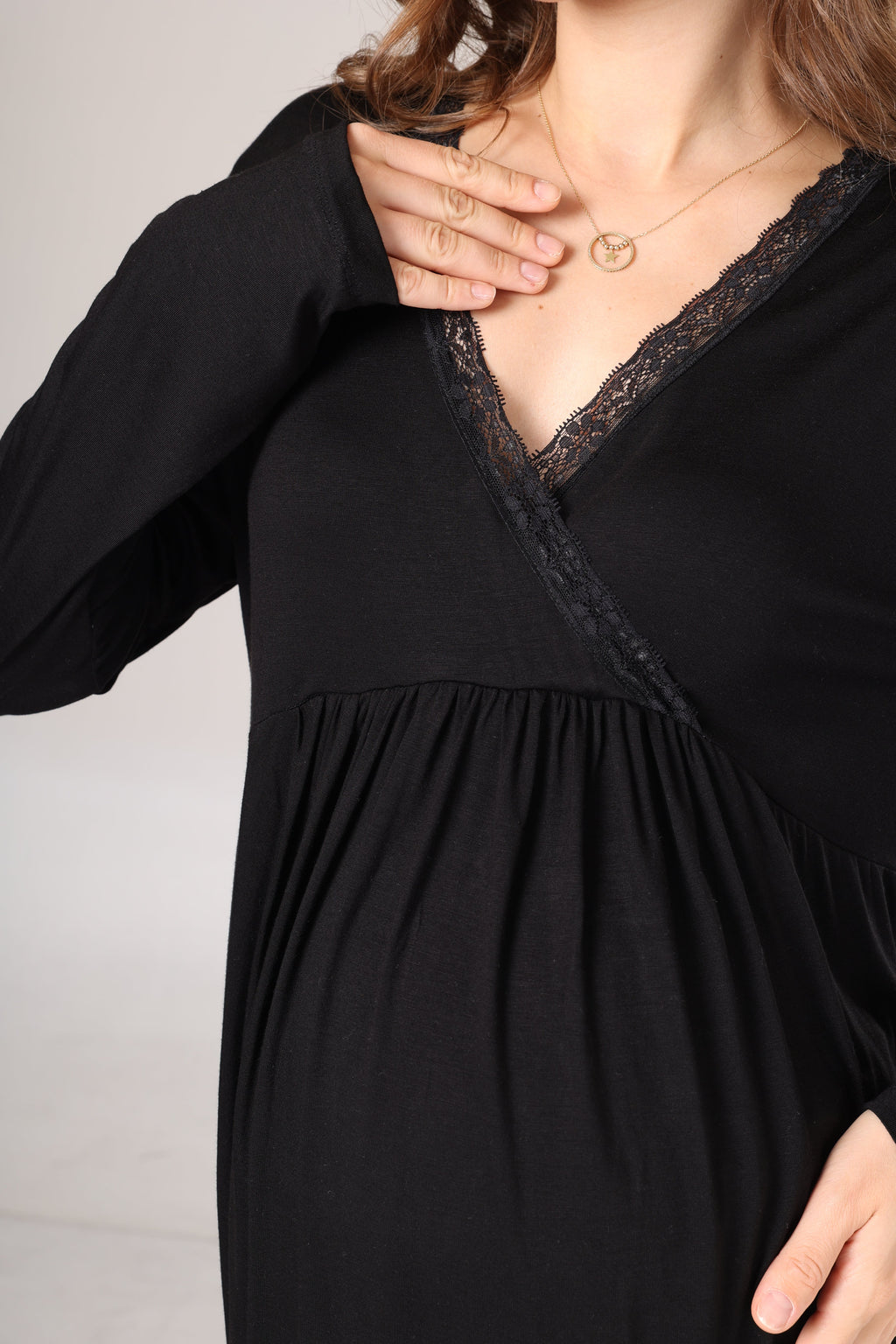 Kışlık Siyah Fitilli Dantel Detaylı Sabahlıklı Lohusa Pijama Takımı-1022