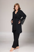 Kışlık Siyah Fitilli Dantel Detaylı Sabahlıklı Lohusa Pijama Takımı-1022