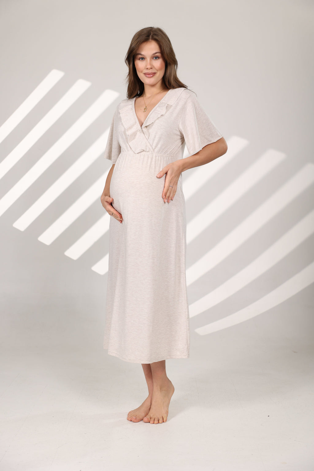 Bej Melanj Yumuşak Dokulu Kruvaze Sabahlıklı Lohusa Gecelik Takımı 572