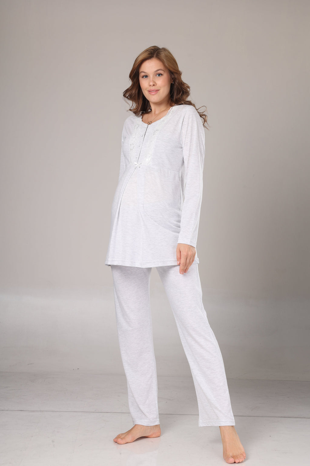 Gri Melanj Kışlık Sabahlıklı Lohusa Pijama Takımı- 1004