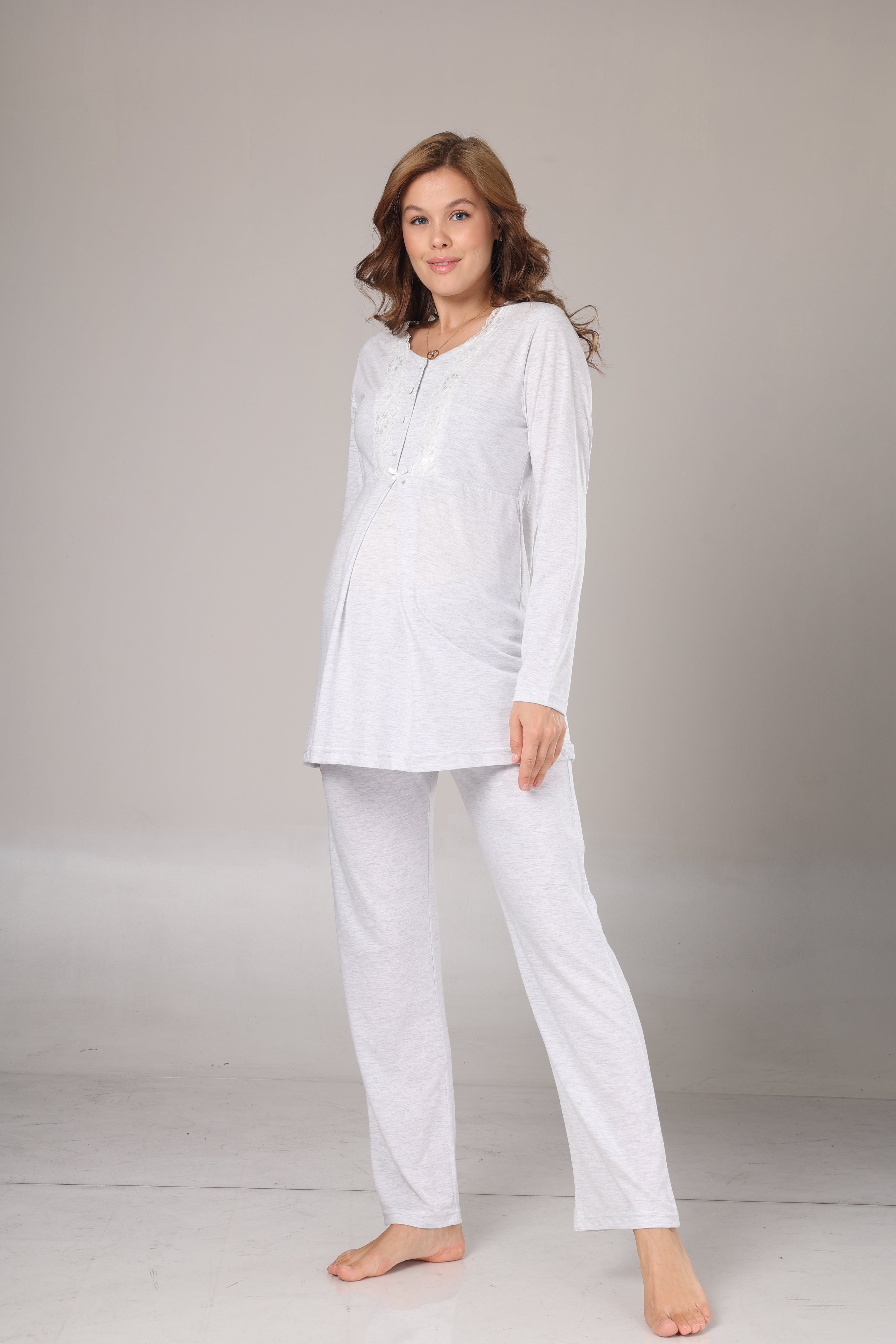 Gri Melanj Kışlık Sabahlıklı Lohusa Pijama Takımı- 1004