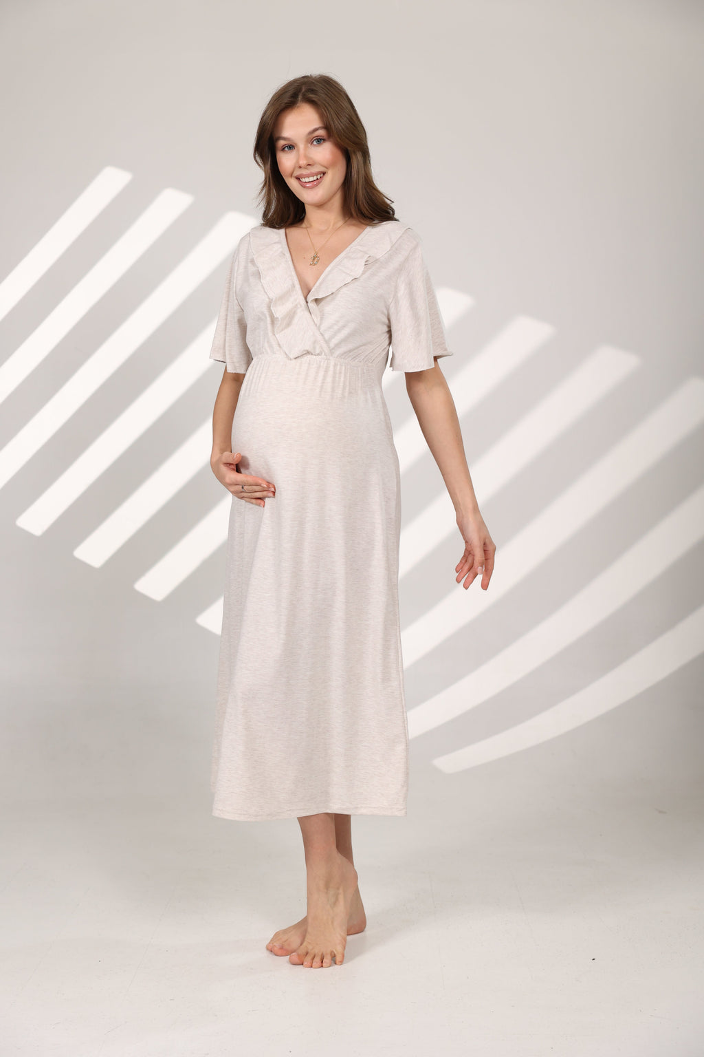 Bej Melanj Yumuşak Dokulu Kruvaze Sabahlıklı Lohusa Gecelik Takımı 572