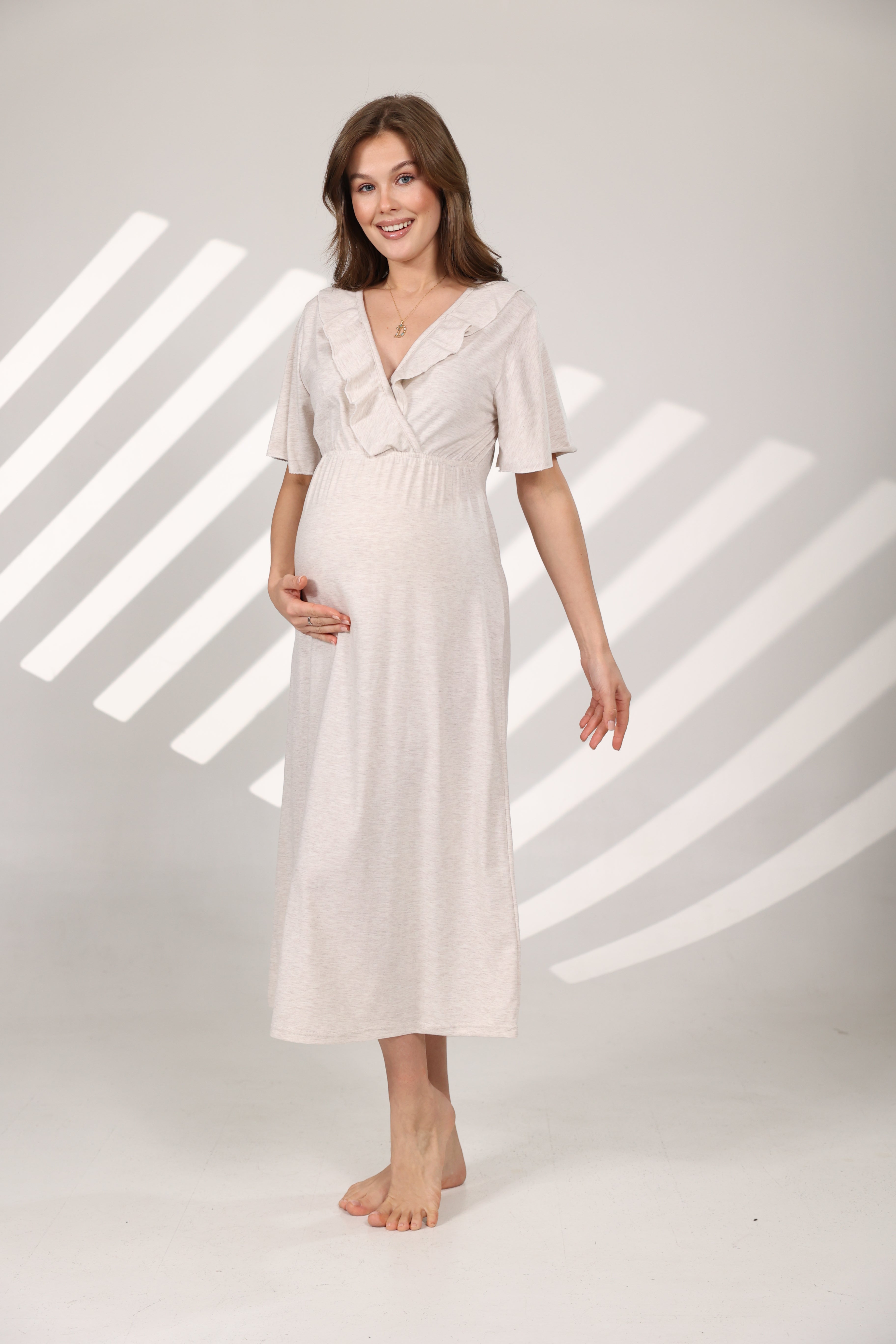 Bej Melanj Yumuşak Dokulu Kruvaze Sabahlıklı Lohusa Gecelik Takımı 572