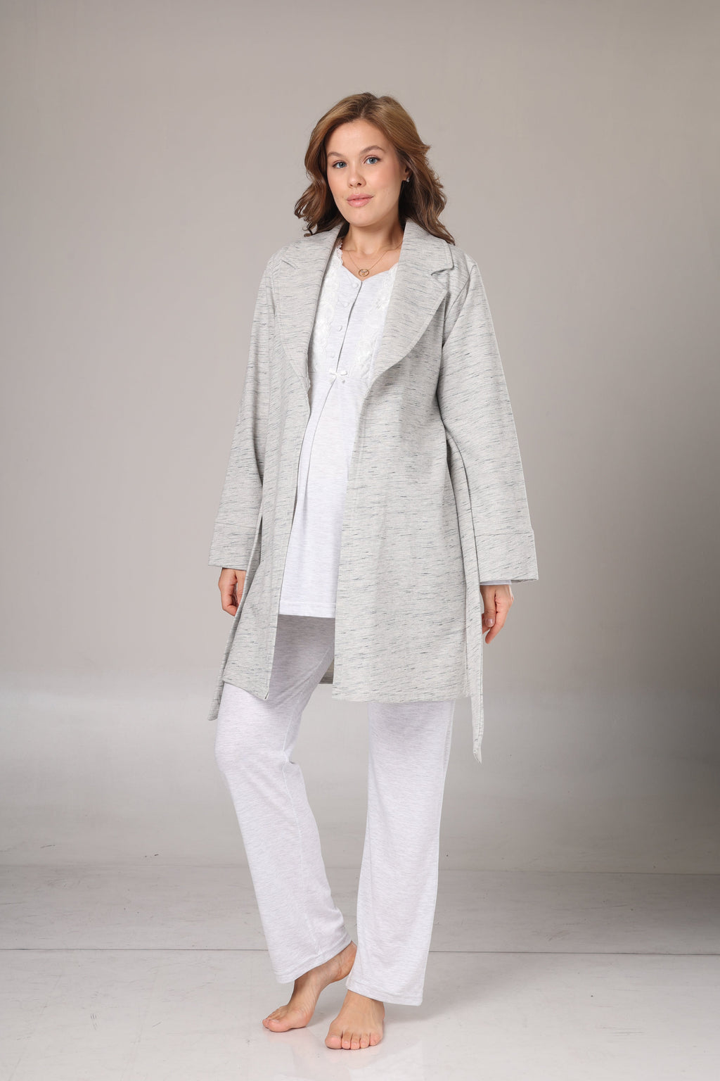 Gri Melanj Kışlık Sabahlıklı Lohusa Pijama Takımı- 1004