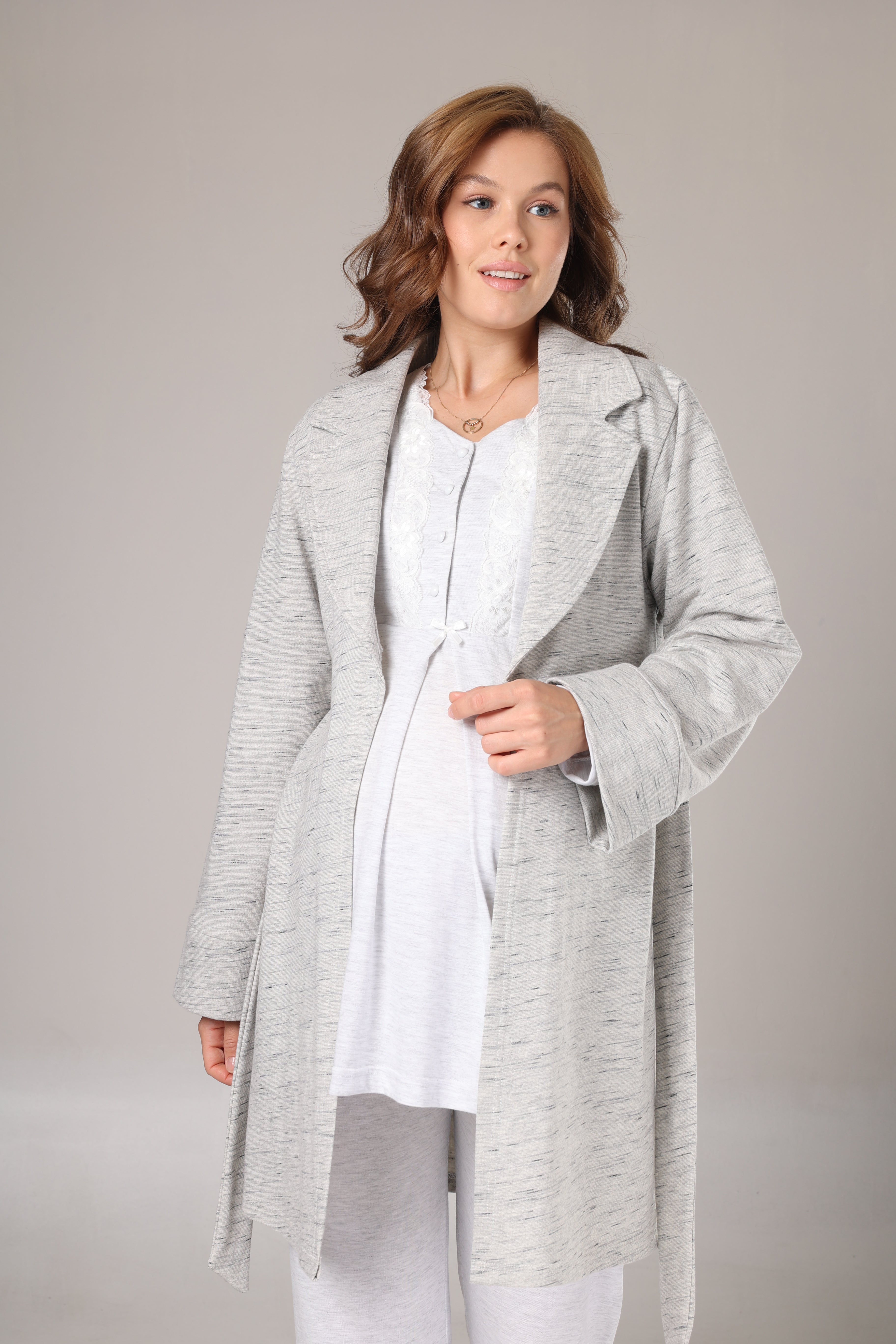 Gri Melanj Kışlık Sabahlıklı Lohusa Pijama Takımı- 1004