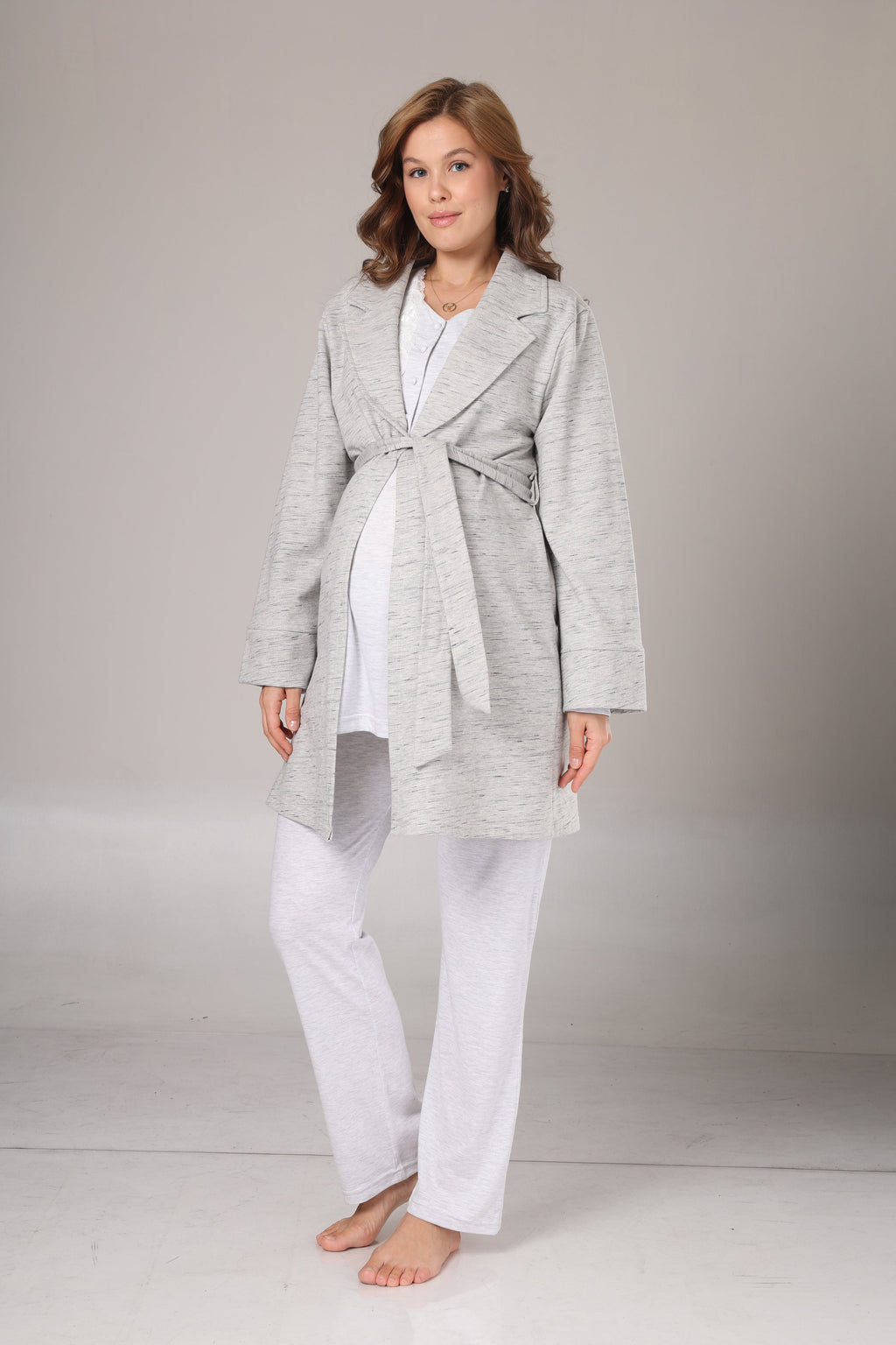Gri Melanj Kışlık Sabahlıklı Lohusa Pijama Takımı- 1004