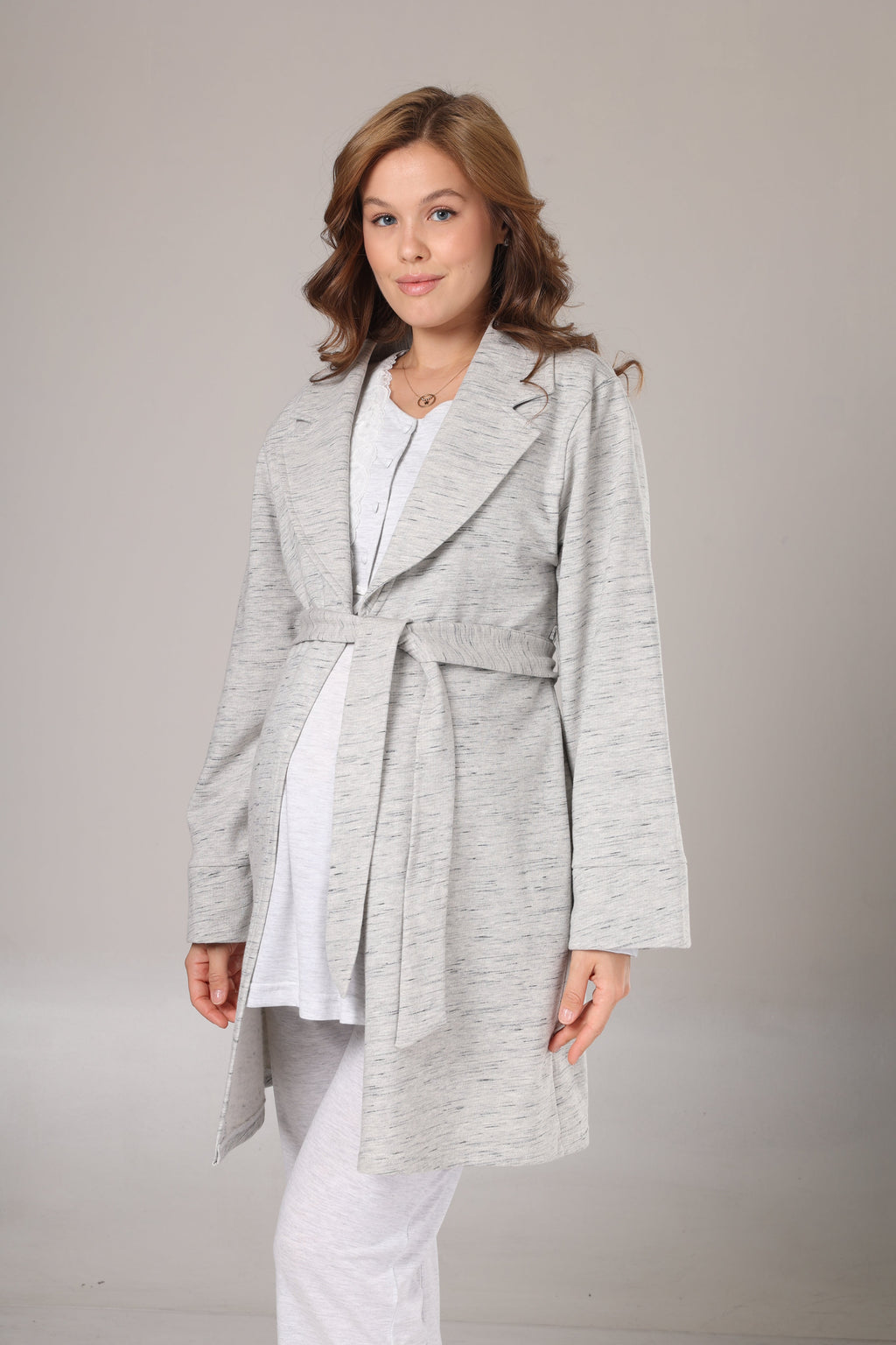 Gri Melanj Kışlık Sabahlıklı Lohusa Pijama Takımı- 1004