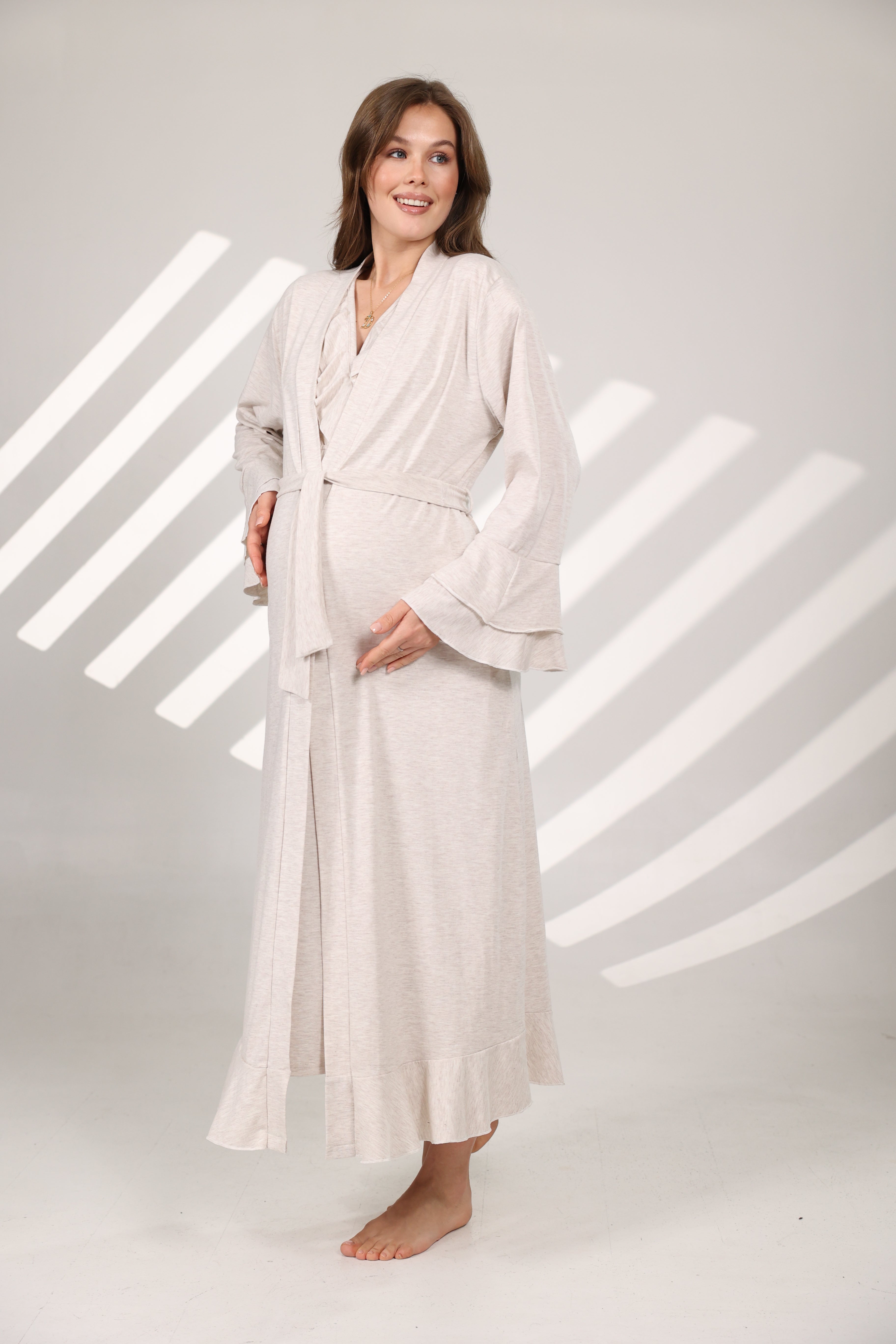 Bej Melanj Yumuşak Dokulu Kruvaze Sabahlıklı Lohusa Gecelik Takımı 572