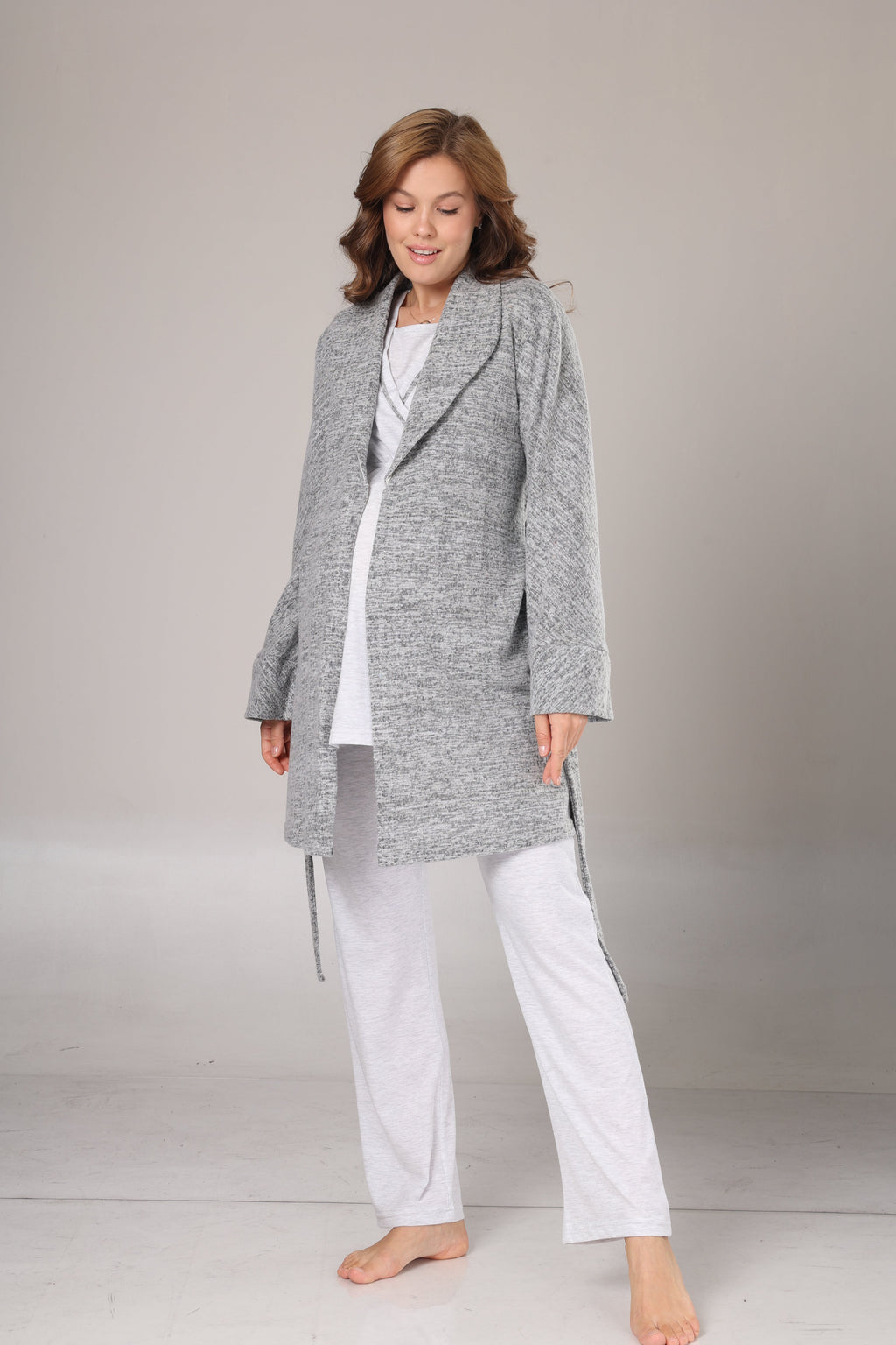 Kışlık Gri Polar Sabahlıklı Lohusa Pijama Takımı- 1019