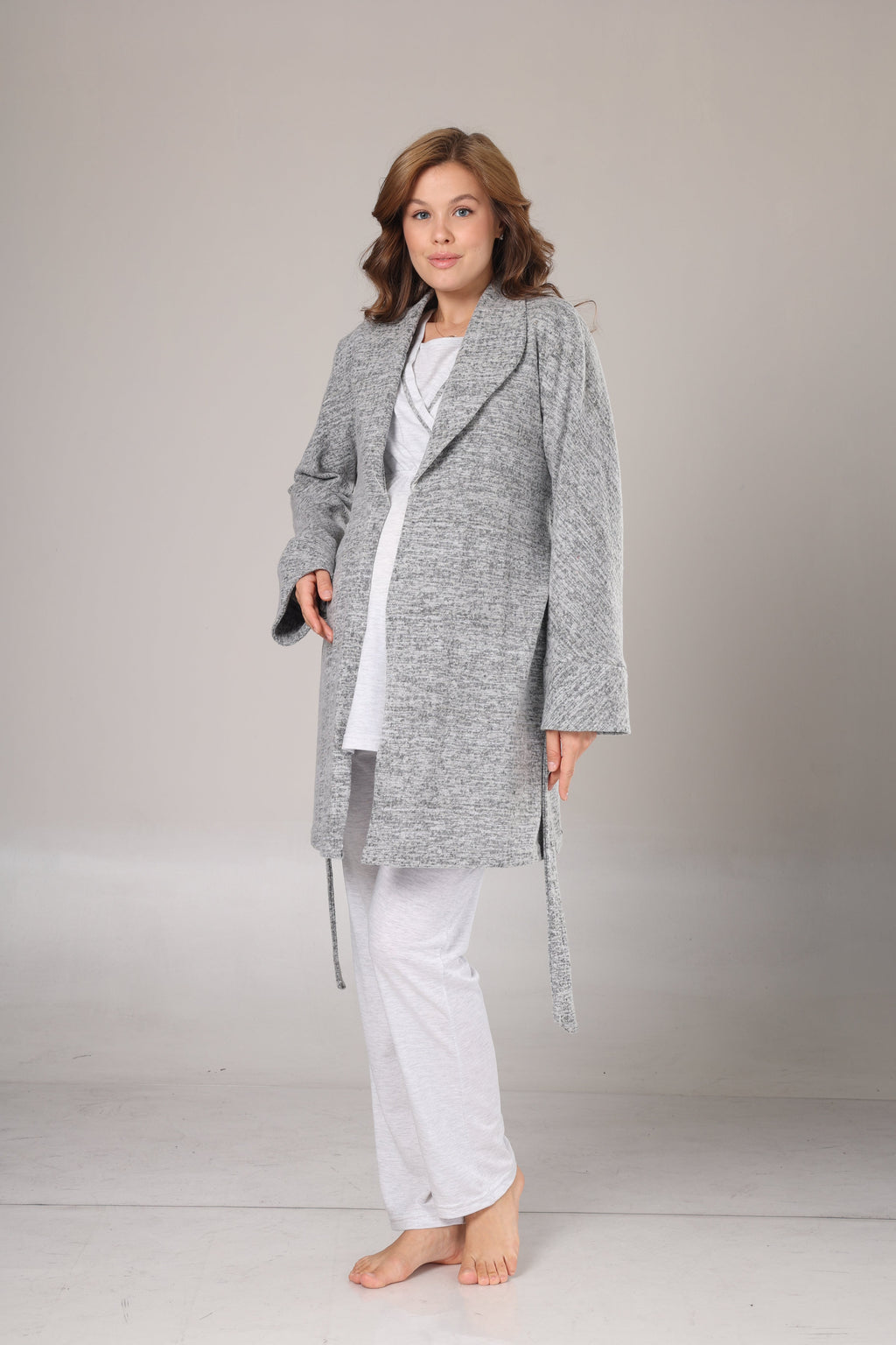 Kışlık Gri Polar Sabahlıklı Lohusa Pijama Takımı- 1019