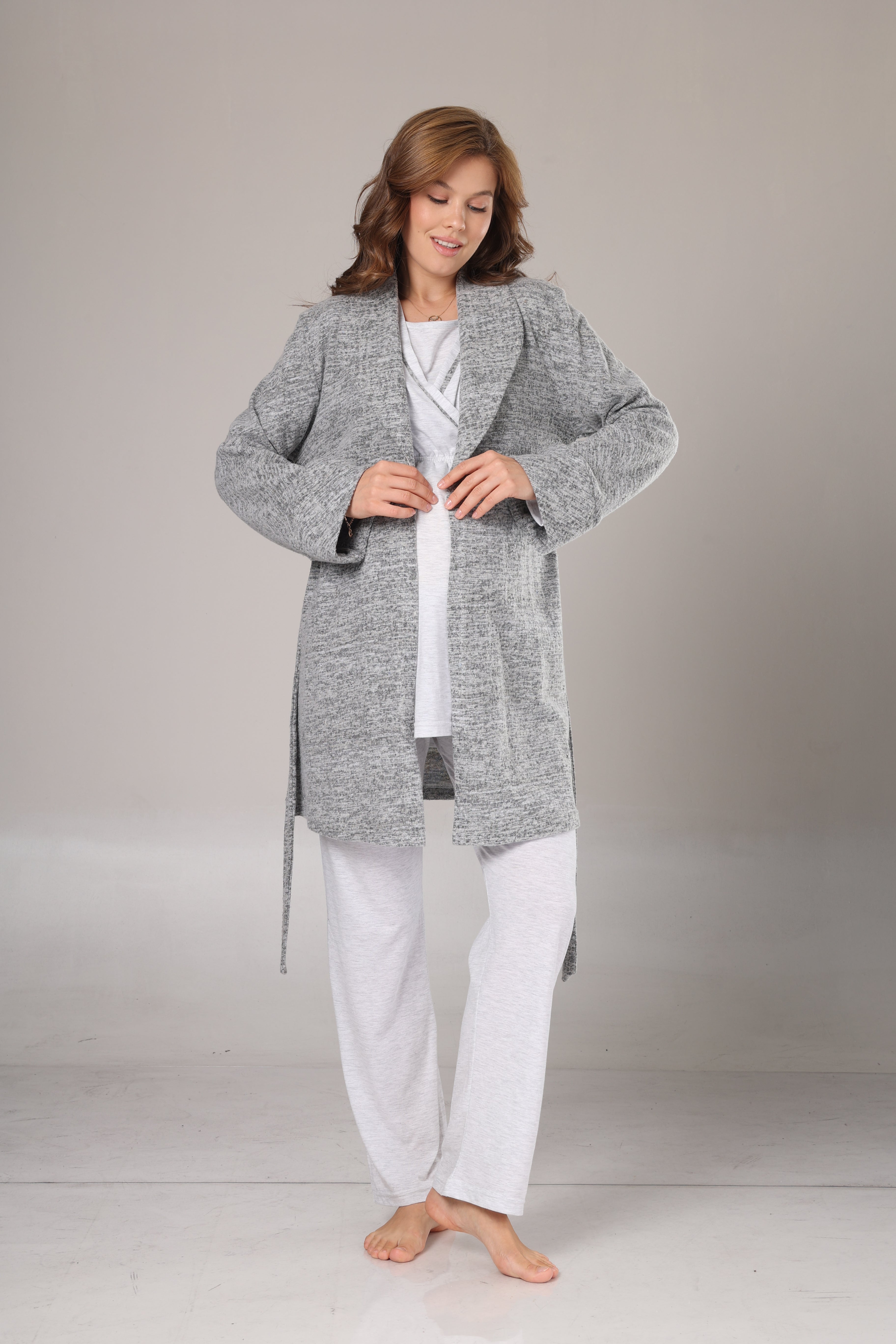 Kışlık Gri Polar Sabahlıklı Lohusa Pijama Takımı- 1019