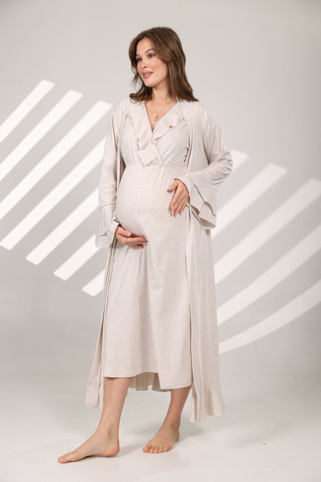 Bej Melanj Yumuşak Dokulu Kruvaze Sabahlıklı Lohusa Gecelik Takımı 572