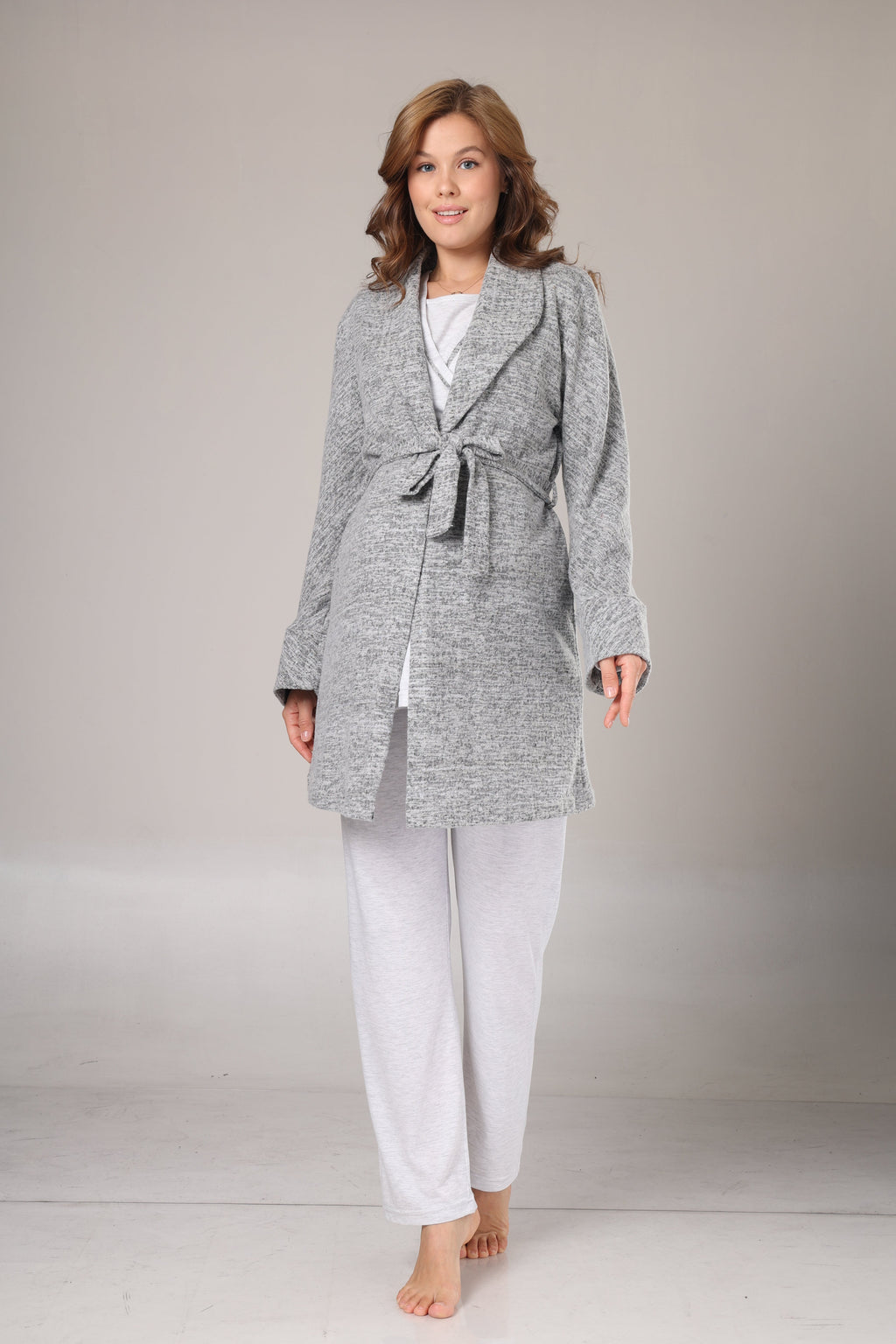 Kışlık Gri Polar Sabahlıklı Lohusa Pijama Takımı- 1019