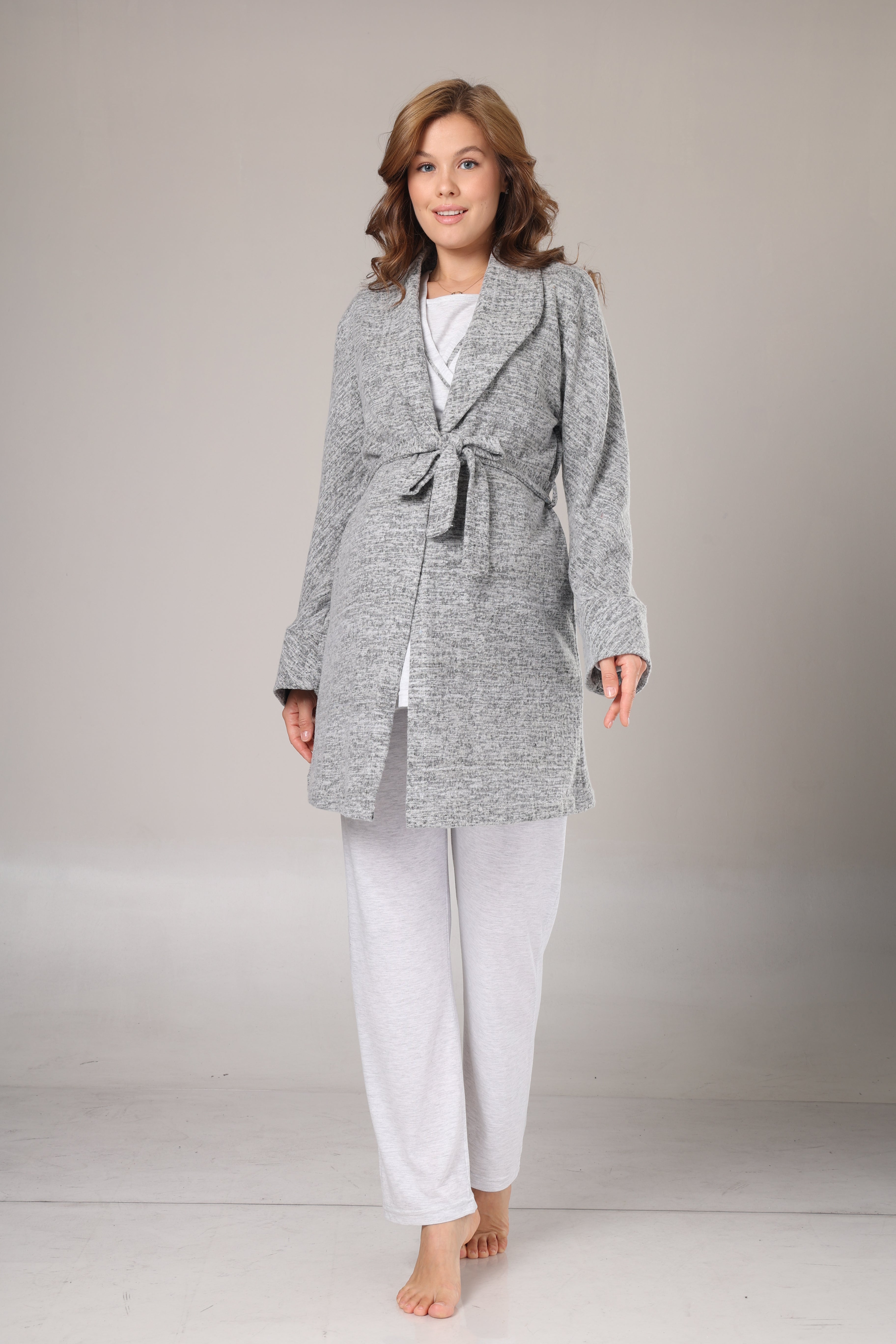Kışlık Gri Polar Sabahlıklı Lohusa Pijama Takımı- 1019