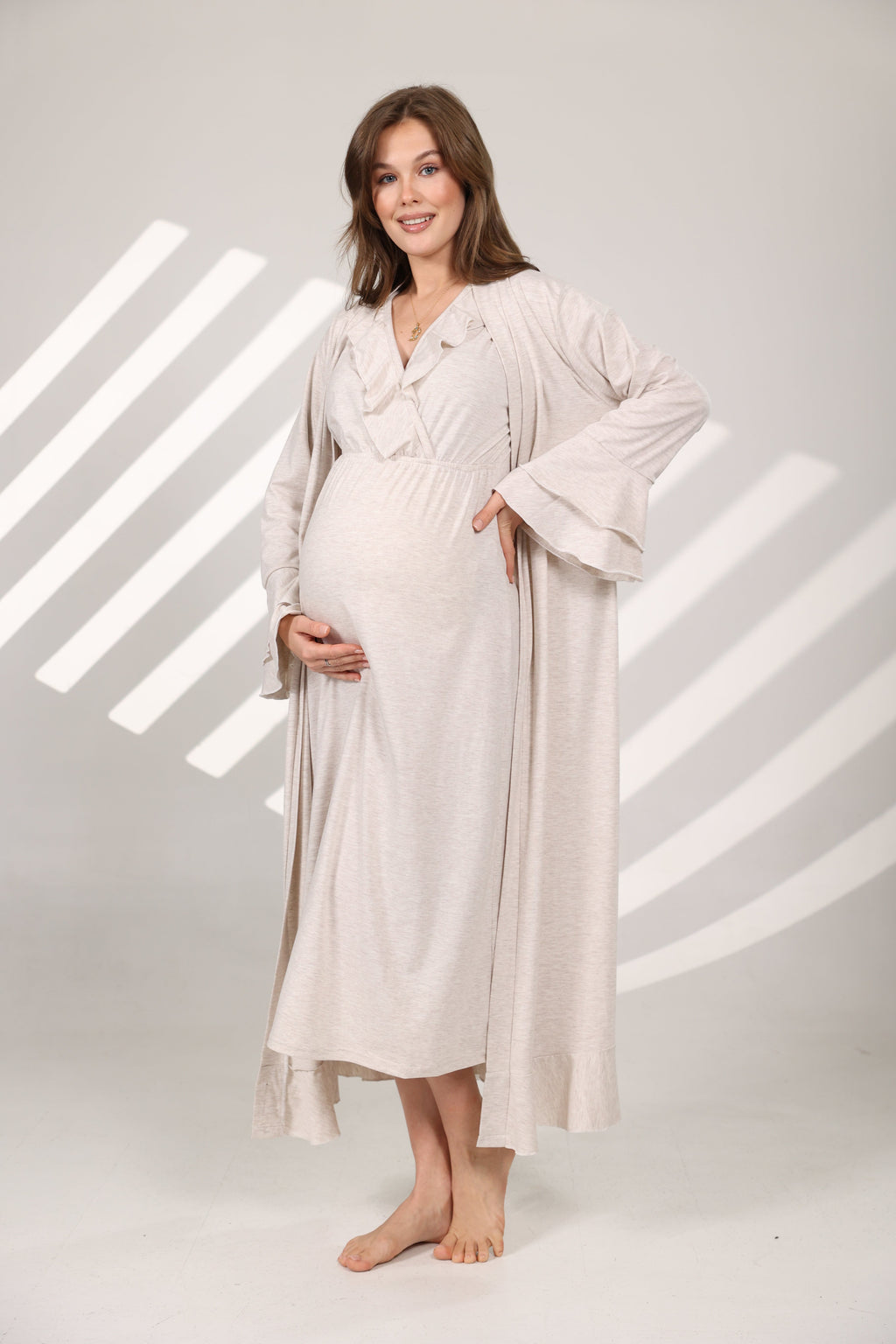 Bej Melanj Yumuşak Dokulu Kruvaze Sabahlıklı Lohusa Gecelik Takımı 572