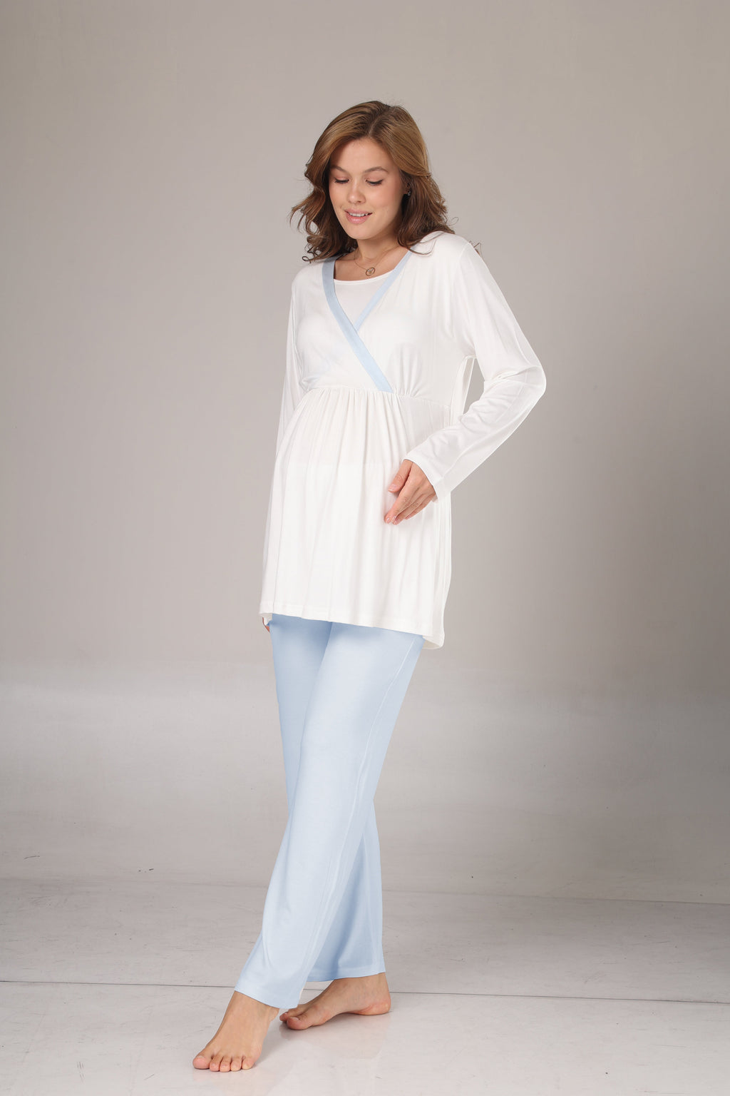 Kışlık Pamuk Sabahlıklı Mavi Şeritli Lohusa Pijama Takımı-1033