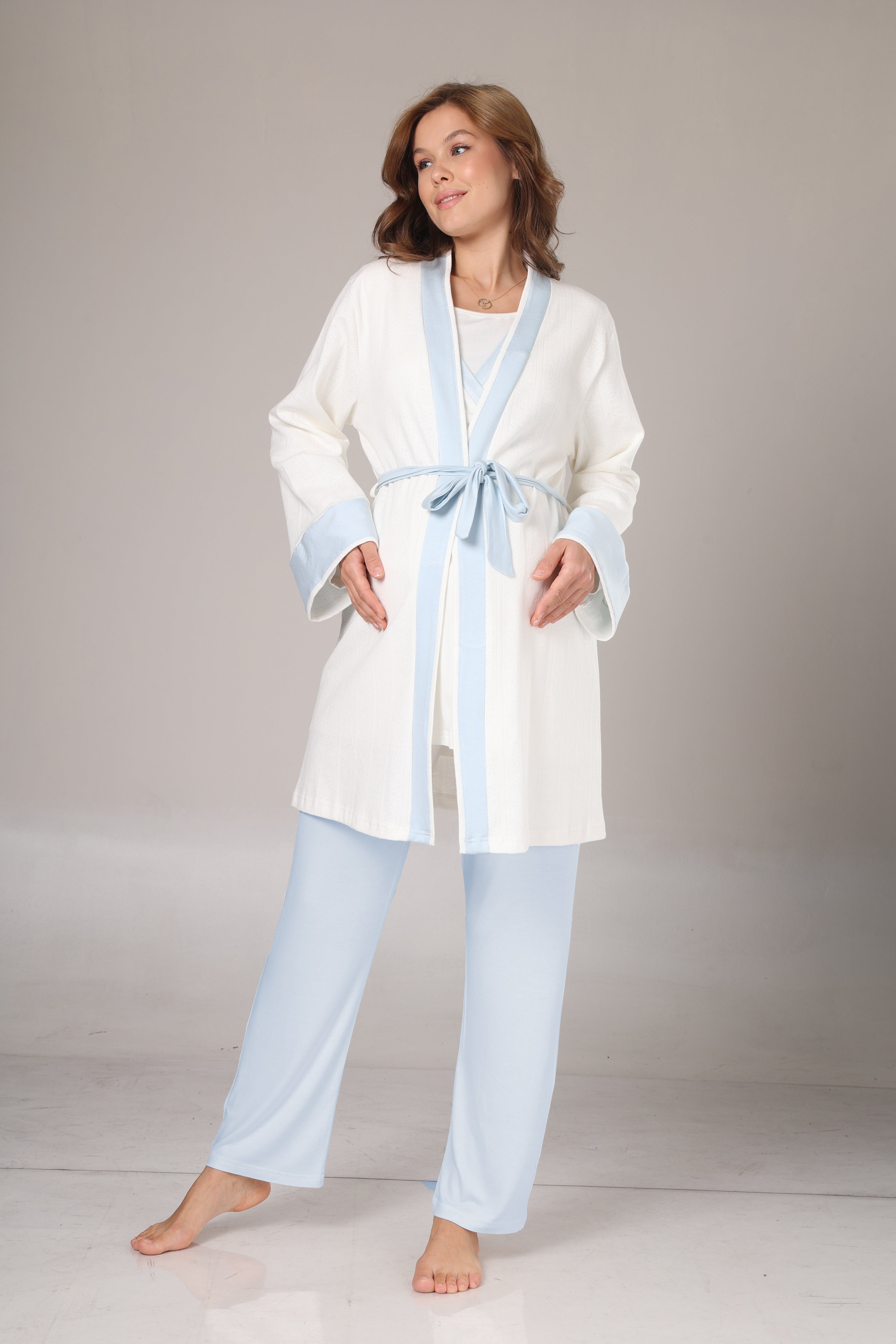 Kışlık Pamuk Sabahlıklı Mavi Şeritli Lohusa Pijama Takımı-1033