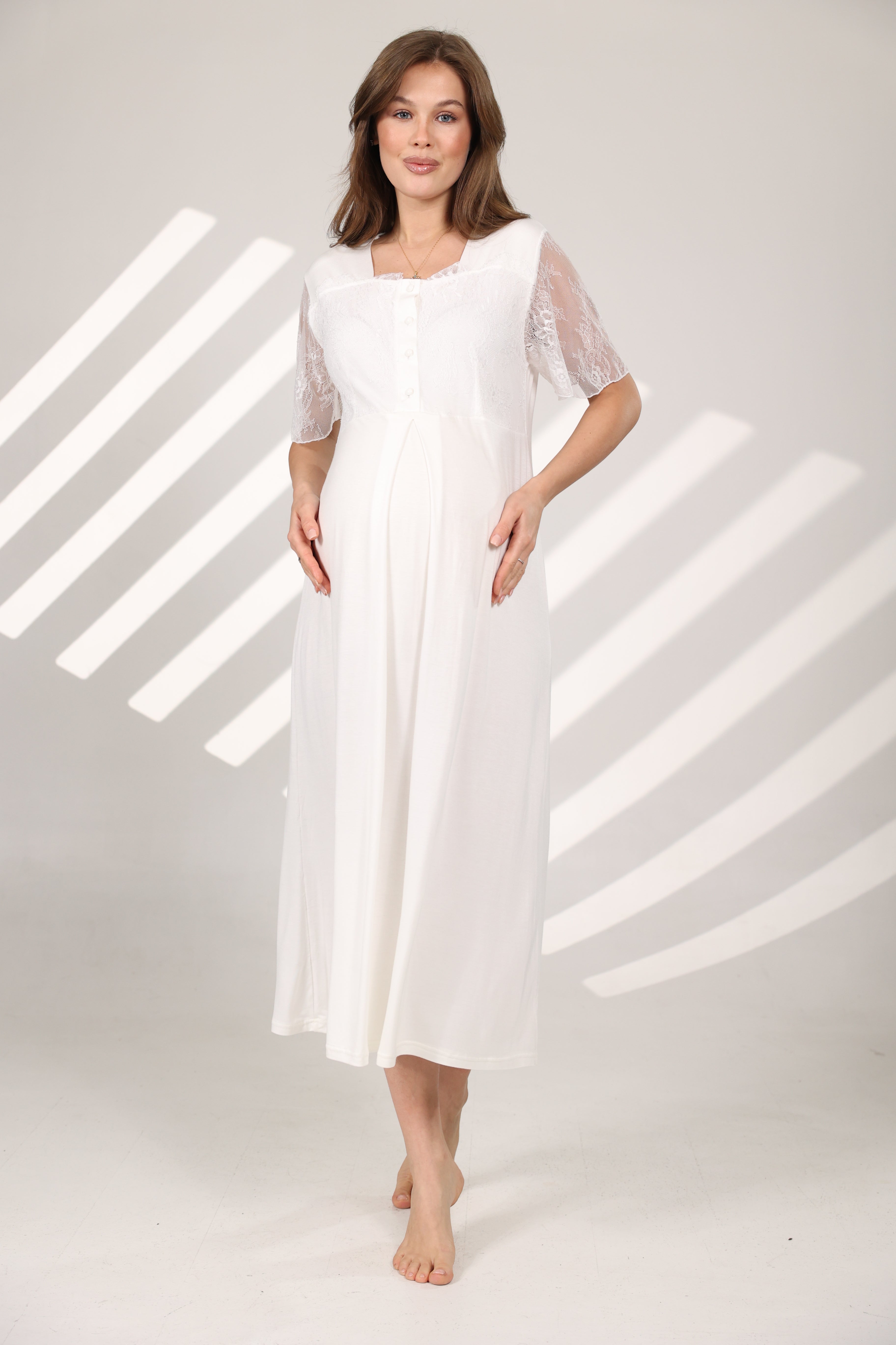 Dantel Yakalı Pamuklu Sabahlıklı Lohusa Gecelik Takımı - 576