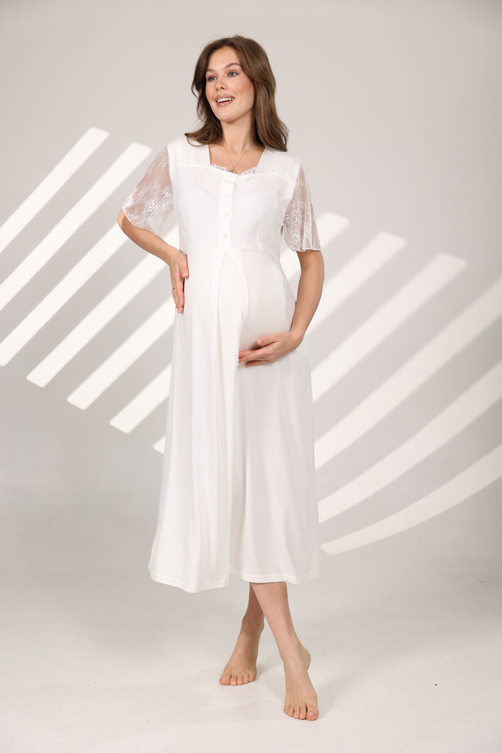 Dantel Yakalı Pamuklu Sabahlıklı Lohusa Gecelik Takımı - 576