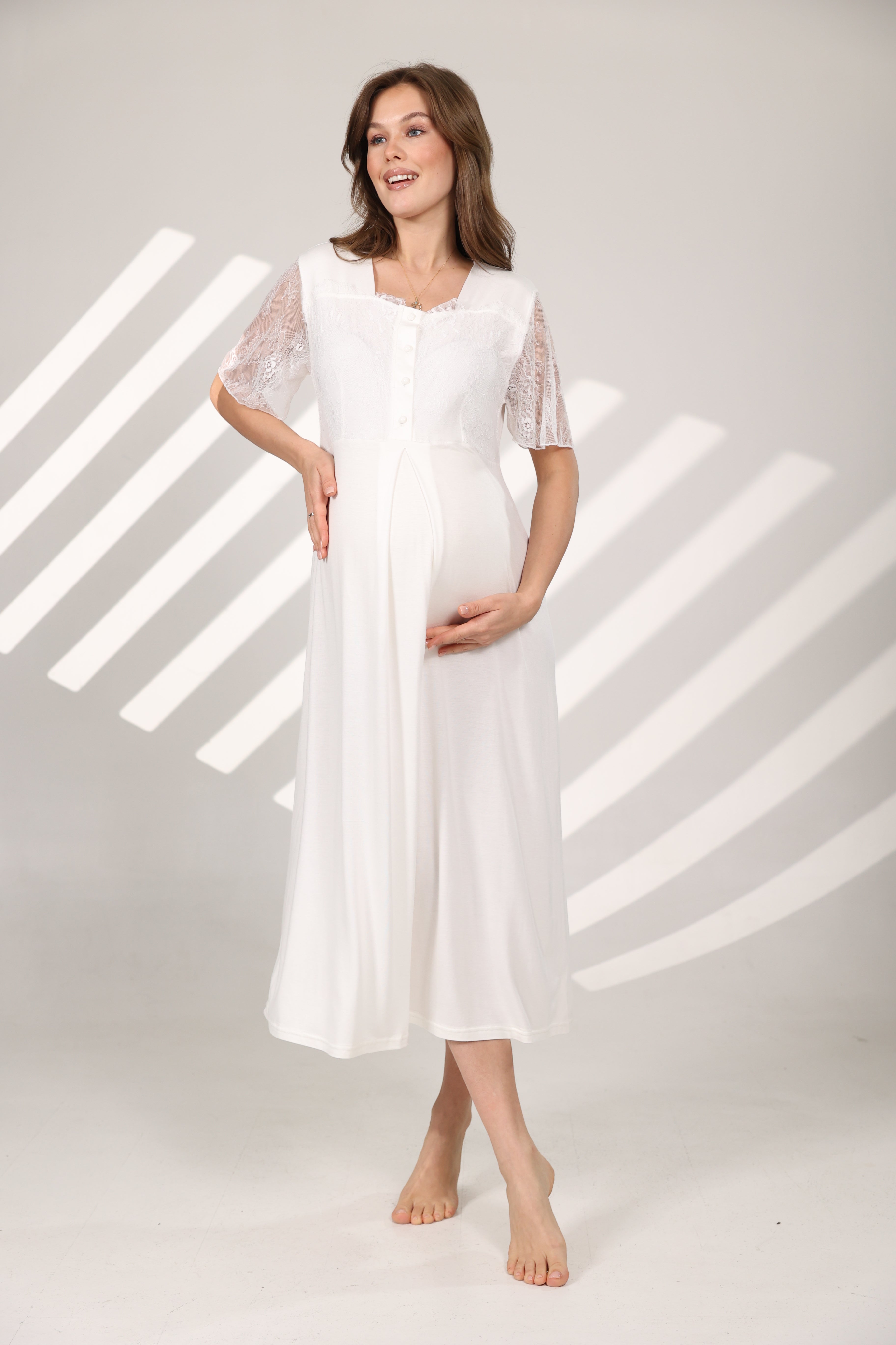 Dantel Yakalı Pamuklu Sabahlıklı Lohusa Gecelik Takımı - 576