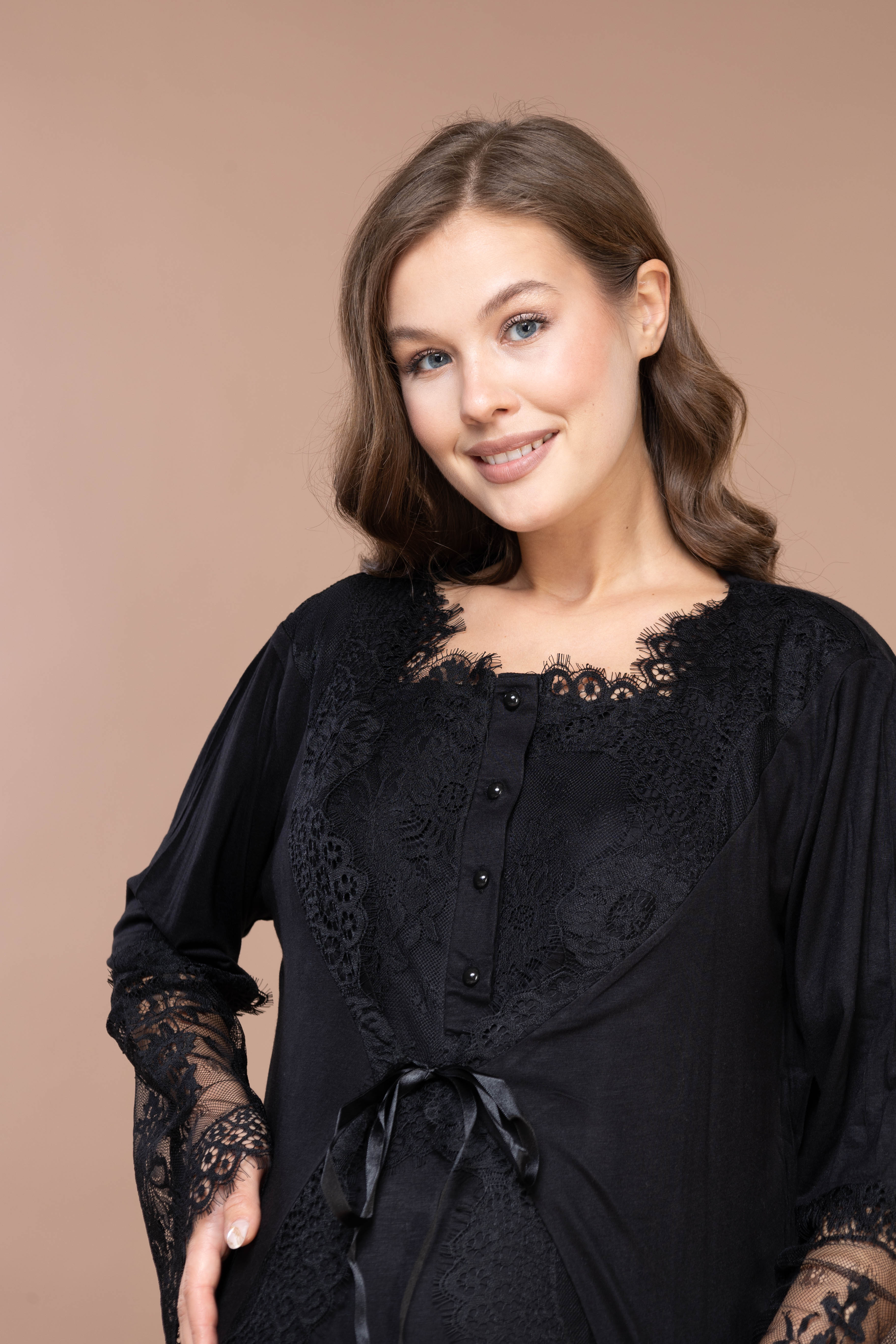 Siyah Güpürlü Sabahlıklı Lohusa Pijama Takımı