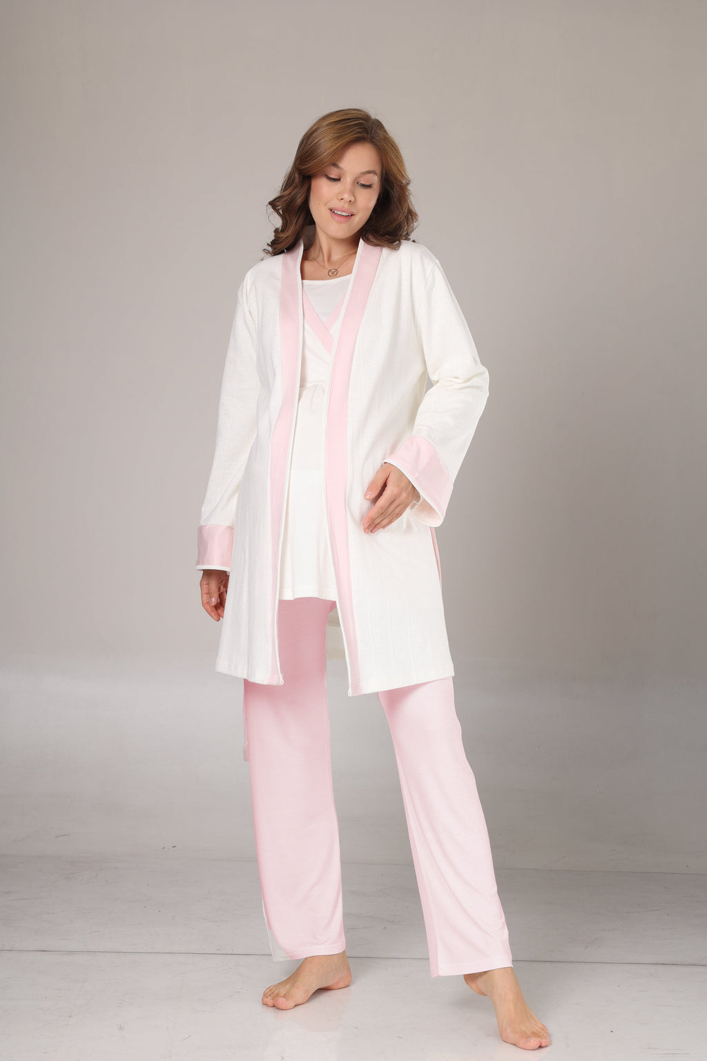 Kışlık Pamuk Sabahlıklı Pembe Şeritli Lohusa Pijama Takımı-1032