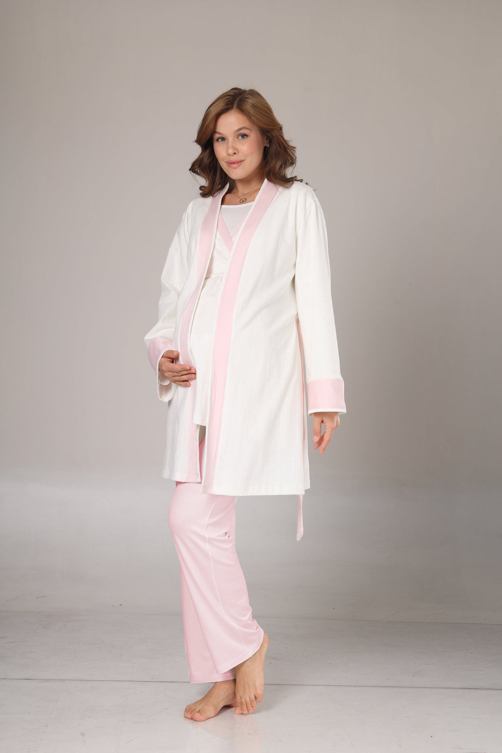 Kışlık Pamuk Sabahlıklı Pembe Şeritli Lohusa Pijama Takımı-1032