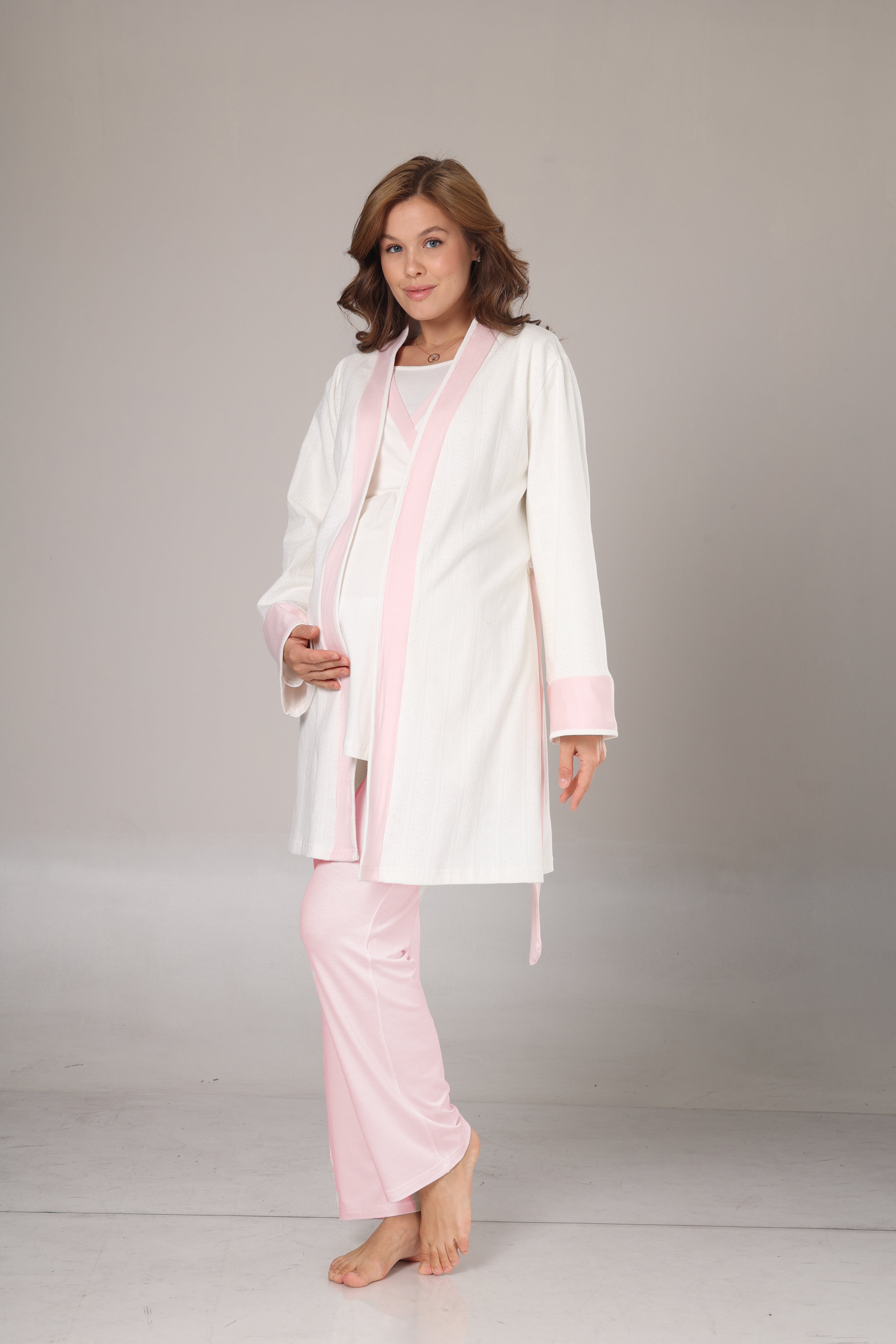 Kışlık Pamuk Sabahlıklı Pembe Şeritli Lohusa Pijama Takımı-1032