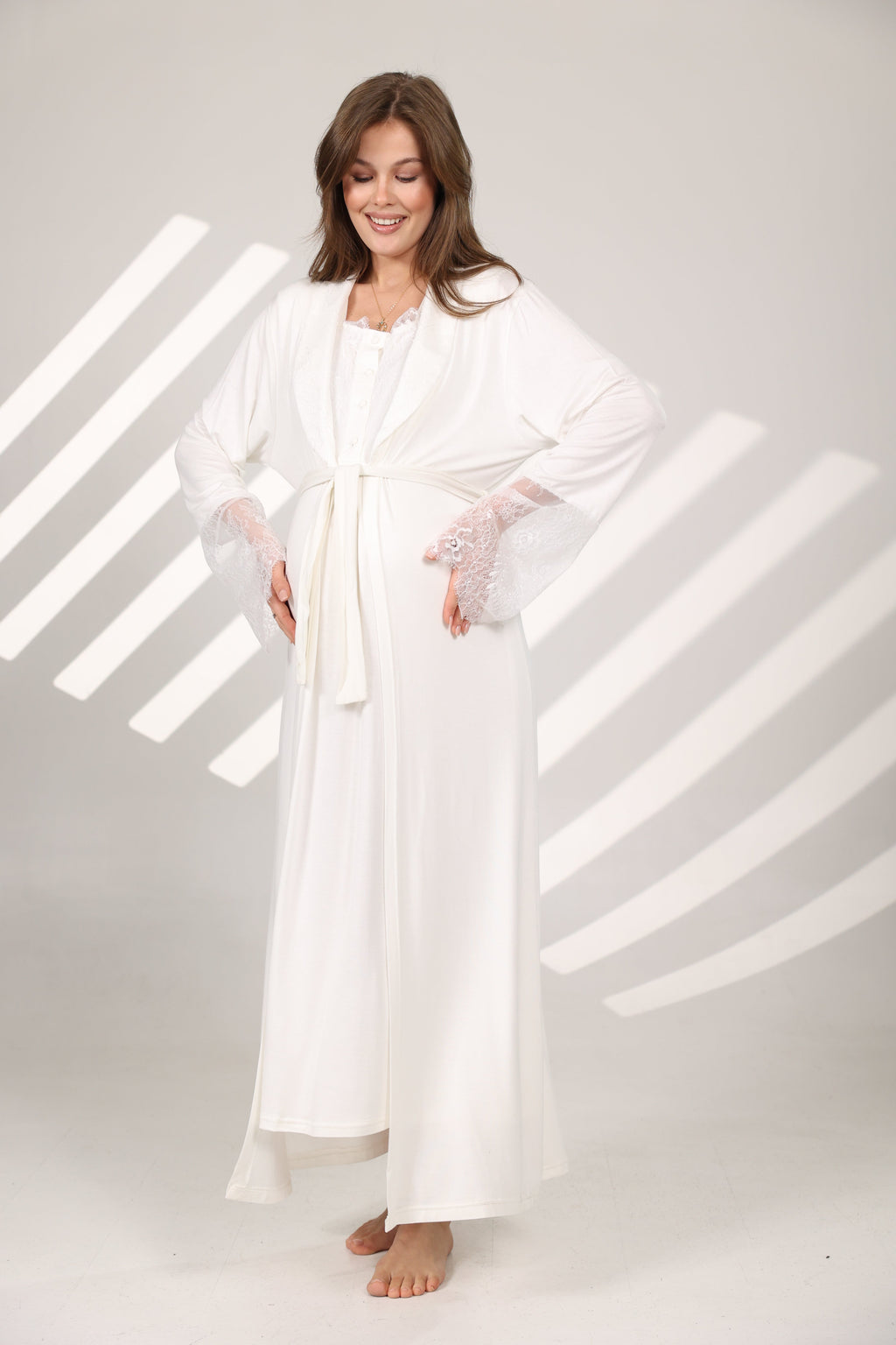 Dantel Yakalı Pamuklu Sabahlıklı Lohusa Gecelik Takımı - 576