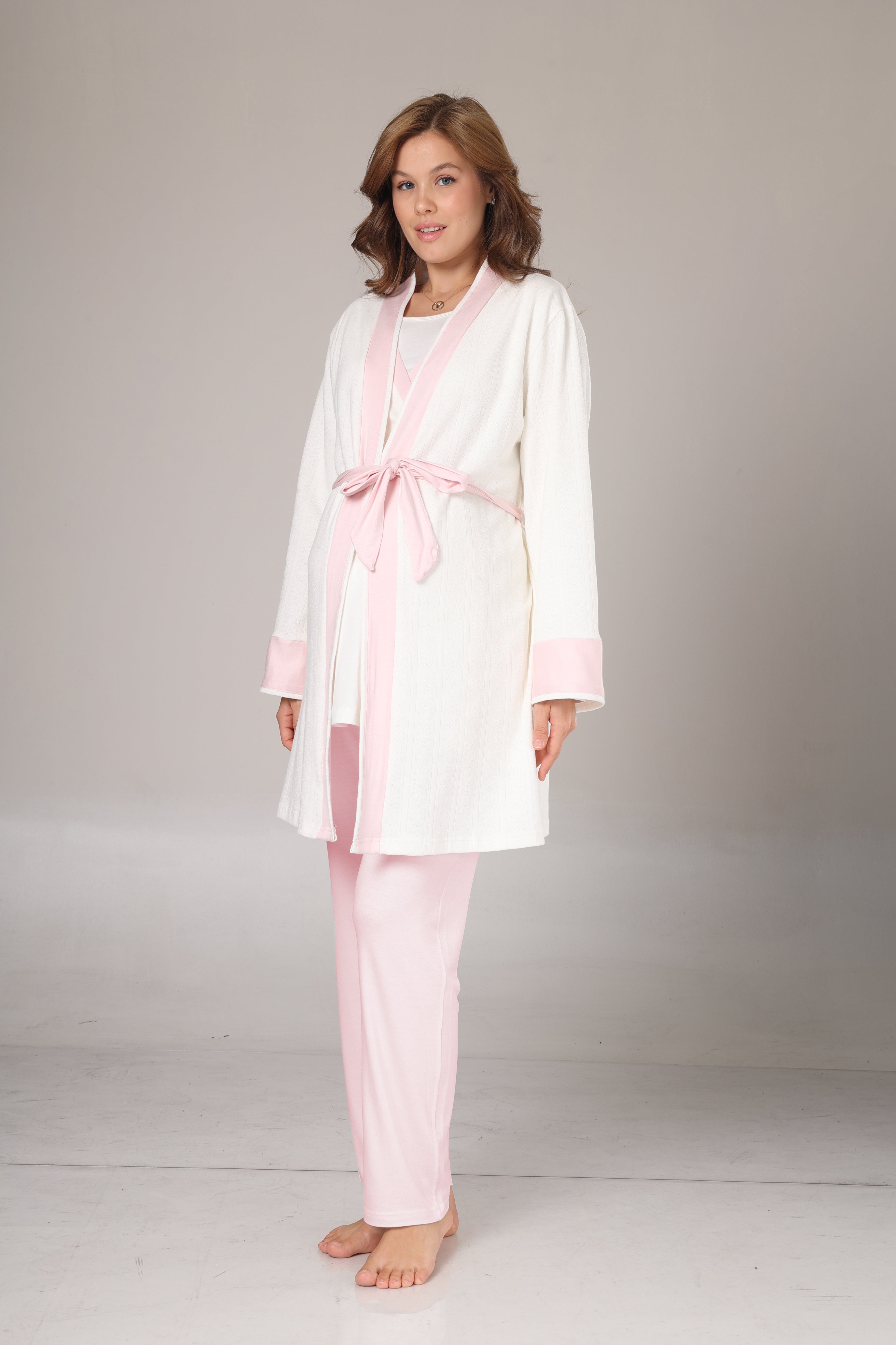 Kışlık Pamuk Sabahlıklı Pembe Şeritli Lohusa Pijama Takımı-1032