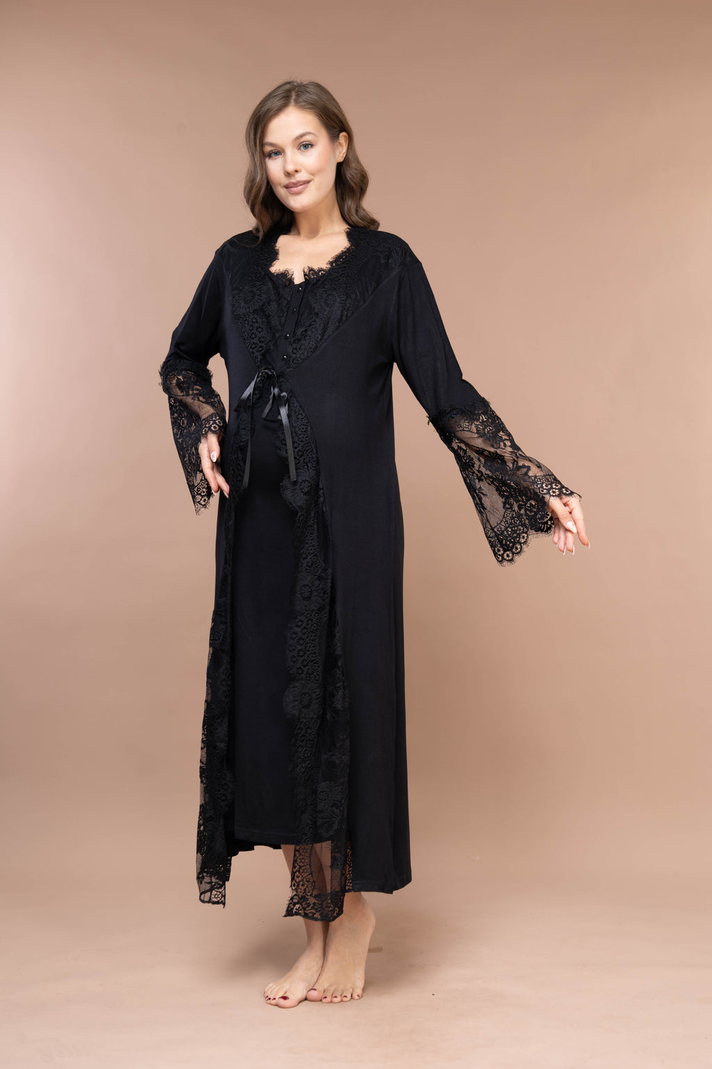 Dantelli Kol Sabahlıklı Dantelli Lohusa Gecelik Takımı 2395