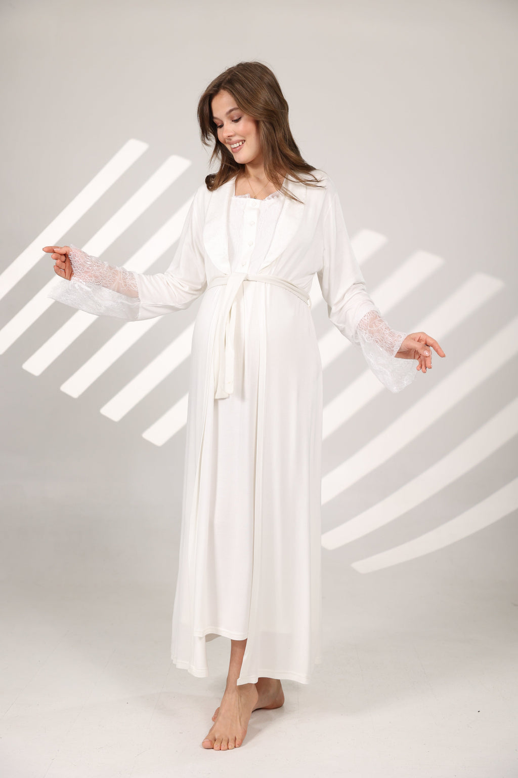 Dantel Yakalı Pamuklu Sabahlıklı Lohusa Gecelik Takımı - 576